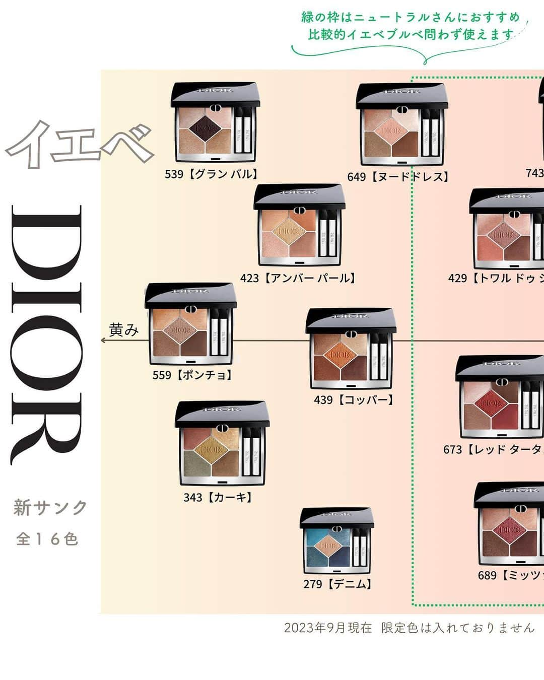 山本裕美のインスタグラム：「先日投稿したDIORの新サンク イエベブルベをまたがるお客様から マトリックスを見開きで見たいとのご要望をいただき デザインを変えました。 ⁡ 内容は同じなのですが以前のものは ゆくゆく削除する予定です🙏 ⁡ 保存してくださったった方、 ぜひこちらを保存し直してくださいね☺️ ⁡ ---- ⁡ ⁡ 診断後のお客様から コスメに関する質問をたくさんいただくので 分かりやすくマトリックスにしてみました。 ⁡ 今回は【イエベ編】です！ ⁡ #ディオールショウサンククルール 9,130円 全16色 ⁡ 値上げは悲しいですが やっぱり欲しくなる新サンク✨ ⁡ 【ブルベ編】は一つ前の投稿をご覧ください☺️ ⁡ ⁡ ⁡ ⁡ ※画像は公式サイトよりお借りしました。 ----- ⁡ ✨人生の節目に一生モノの自分軸を✨ ⁡ 各種診断・講座の詳細は プロフィール欄の𝘜𝘙𝘓より𝘔𝘌𝘕𝘜をご覧ください。 ⁡ @hiromi_yamamoto_mc ⁡ ---- ⁡ プロとして資格を取得したい方 ⁡ 【✍️顔タイプ診断®️１級 認定講座】 2023年 9/20.21🈵  10/24.25空きあり 共に10:00〜17:00の2日間 ⁡ 【✍️パーソナル骨格診断 認定講座】 ⁡ 2023年 11/11.12(残1)  21.28(残1)  共に10:00〜18:00 の2日間 ⁡ ✅イメコンのスキルアップしたい方 ✅美容・アパレル業界の方 ✅自分のお洒落のために勉強したい方 ✅印象にまつわるお仕事に活かしたい方 ✅副業として何か始めたい方　𝘦𝘵𝘤... ⁡ ファッション業界以外の方も たくさん受講しに来てくださっています✨ お申し込み・お問い合わせはプロフィール欄の リンクよりお申し込みフォームへ🕊💌 ⁡ ---- ⁡ #イエベ春コスメ #イエベ秋コスメ #イエベ春メイク  #イエベ秋メイク  #イエベアイシャドウ  #ウォームスプリング #ウォームオータム #ライトスプリング #ブライトスプリング #ビビッドスプリング #ストロングオータム #ディープオータム #ディオールアイシャドウ  #サンククルールクチュール429  #サンククルールクチュール689  #ローズチュール743 #サンククルール」