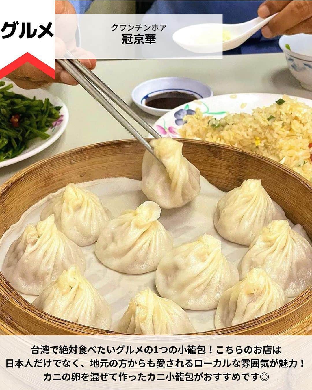 旅工房公式さんのインスタグラム写真 - (旅工房公式Instagram)「＼グルメも観光も楽しみたい！／  #台湾 #台湾旅行   こんにちは！☺  今回はアジアの中でも人気な台湾の観光スポットからグルメまでご紹介します！  次の海外旅行の参考になりますように＼(^o^)／ 💚   ━━━━━━━━━━━━━━━  お写真ありがとうございました📸   📍台北101 @waki154750 さん  高さ500mを越える高層ビル「台北101」！  高層部にある展望台からは台北の夜景を楽しむことができます。  夜景を楽しむことはもちろん、ビルの中ではショッピングや食事を楽しむこともできますよ♪   📍士林観光夜市  台湾といえば欠かせない夜市！中でも有名なのがこちら。台湾の夜市の  中でも最大規模で、グルメからお土産や洋服など様々な商品が販売されています◎ ゲームの屋台もあるので色々な楽しみ方ができますよ！  夜市の中には様々なご飯の屋台がありミシュランガイド台北のビブグルマンに選ばれた人気店も！  胡椒で辛めに味付けされ餡を、サクサクの生地で包んだ胡椒餅がおすすめです◎   📍九份 @amifushiki__ さん  幻想的な美しい風景が広がる「九份」。  ライトアップされた街並みを眺めながらお茶や食事をするのがおすすめ！  台北市からは40km、車で1時間ほどの距離なのでオプショナルツアーの参加がおすすめです。   📍十分 @cat_max0505 さん  ランタン上げで有名な「十分」！  願い事を書いたランタンを空に飛ばすと願いが叶うと言われています。  九份と同じ方向なので2箇所一緒に訪れることで効率的に楽しむことができます♪   📍冠京華 @minori_bkk.tw さん  台湾で絶対食べたいグルメの1つの小籠包！  こちらのお店は日本人だけでなく、地元の方からも愛されるローカルな雰囲気が魅力！  カニの卵を混ぜて作ったカニ小籠包がおすすめです◎   📍Mr.雪腐（@mrchef0415） @shining_610 さん  様々なフレーバーの創作かき氷が味わえる人気かき氷店！ ふわふわの氷は口に入れるとすぐに溶けてしまうほど！  南国台湾らしいフルーツのフレーバーが多いのも魅力の1つ♪   この記事を読んで、ぜひ参考にしてみて下さい＼(^o^)／💛   ━━━━━━━━━━━━━━━   #旅工房 #台湾観光  #台湾グルメ #台北旅行 #台北 #台北グルメ #台湾カフェ #台北カフェ #Mr.雪腐 #台湾かき氷 #かき氷 #冠京華 #小籠包 #十份 #十分 #九份 #台湾スイーツ #士林観光夜市 #士林夜市 #台湾夜市 #台北101 #海外旅行 #旅行好きな人と繋がりたい #海外旅行準備 #旅好き女子 #妄想旅行 #海外旅行行きたい #海外旅行計画」9月14日 18時21分 - tabikobo