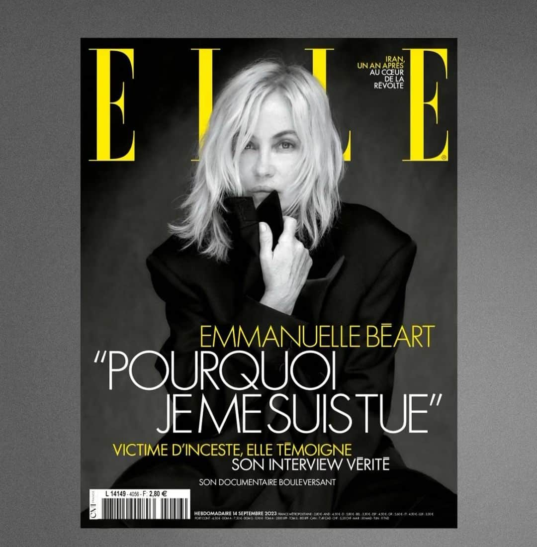 エマニュエル・ベアールのインスタグラム：「Merci au @ellefr  de porter avec nous ce documentaire que nous avons réalisé @mikova.anastasia et moi … merci @verovatinos🌸  @misterthomasjames 🤍 @veroniquephilipponnat  @matthewbrookesphoto  @johnnollet  @lisalegrand_makeup @chloedugast @marceagomes  @gilles_alexandre_de_paris_stud  et un grand grand merci pour cette interview à @marionruggeri 🙏🏻 merci @hautetcourtdoc  @emmanuellelepers  @bienvenueproduction @davidfrancoismoreau pour sa merveilleuse musique .. #annemariesangla  et bien sûr tous nos témoins si forts beaux et courageux🤍」