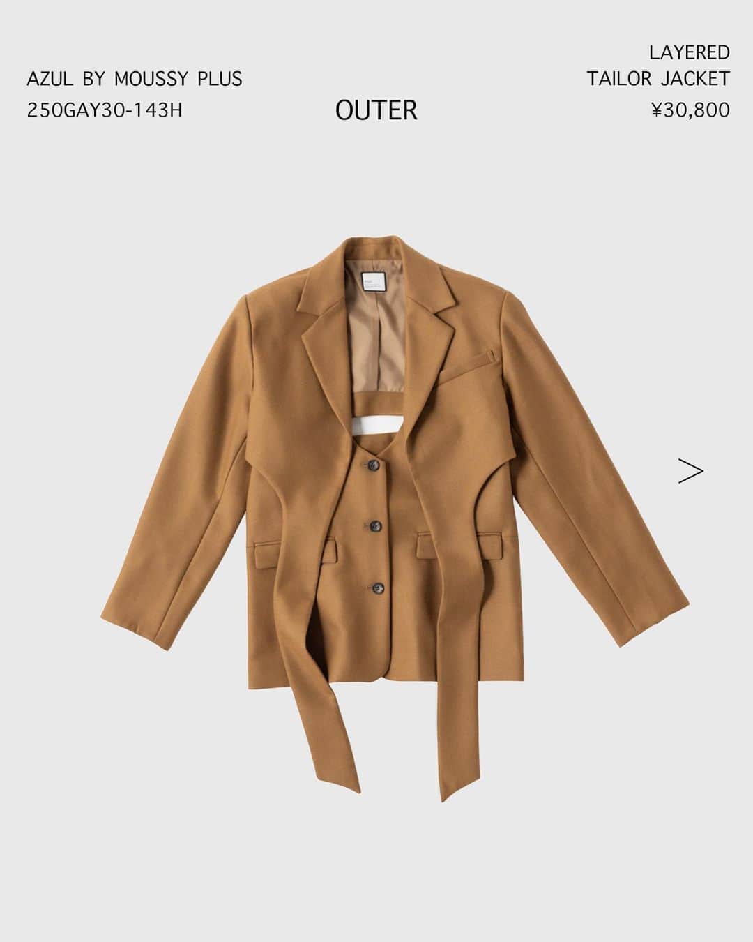 のインスタグラム：「【NEW IN】 - OUTER -  ━━━━━━━━━━━━━━━━  【AZUL BY MOUSSY PLUS】レイヤードテーラージャケット ¥30,800 tax in Size：FREE Color：CAM,GRY No：250GAY30-143H ※発売中  【MOUSSY】F／LEATHER BIG ジャケット ¥15,950 tax in Size：FREE Color：BLK,BRN,KHA No：010GA630-6320 ※発売中  【M_】クロスオーバー カーディガン ¥17,380 tax in Size：FREE Color：BLU,WHT,BLK No：010GA270-5240 ※発売中  【AZUL BY MOUSSY】ダブルテーラードジャケット ¥6,990 tax in Size：FREE Color：GRY,BLK No：250GAT30-119H ※発売中  【crie conforto】パールボタンロングジレ ¥11,990 tax in Size：FREE Color：BLK,L/BEG,GRY No：254GAT30-089I ※発売中  気になるアイテムは画像をタップまたは  プロフィールのサイトURLをクリック✔  ━━━━━━━━━━━━━━━━  #SHELTTERWEBSTORE #SWS #MOUSSY #M_MOUSSY #M_  #AZULBYMOUSSY #crieconforto  #newin #2023AW #autumn2023 #autumnjacket #tailoredjacket #cardigan #leatherjacket #gilet  #新作 #ライトアウター #テーラードジャケット #ジャケット #カーディガン #ジレ #ロングジレ #テーラード #レザージャケット #フェイクレザー #オーバーサイズ」