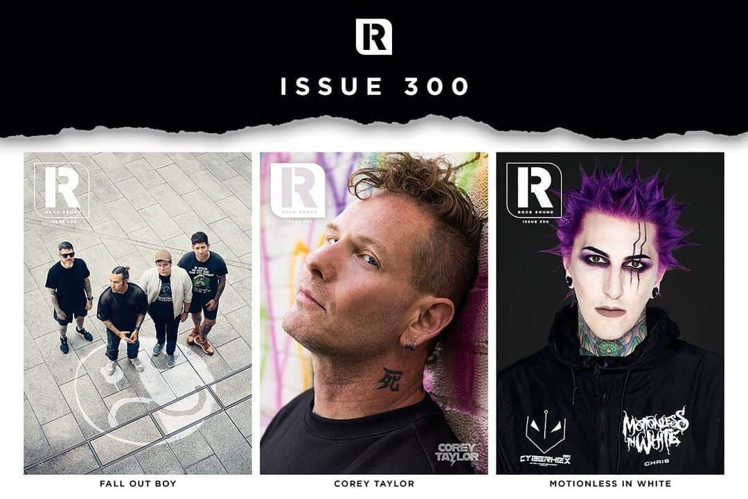 Rock Soundのインスタグラム：「Please welcome our Rock Sound Issue 300 cover stars - Fall Out Boy, Corey Taylor and Motionless In White  Get your magazines and exclusive merch right now at SHOP.ROCKSOUND.TV  #rock #alternative #falloutboy #coreytaylor #slipknot #motionlessinwhite #chrismotionless」