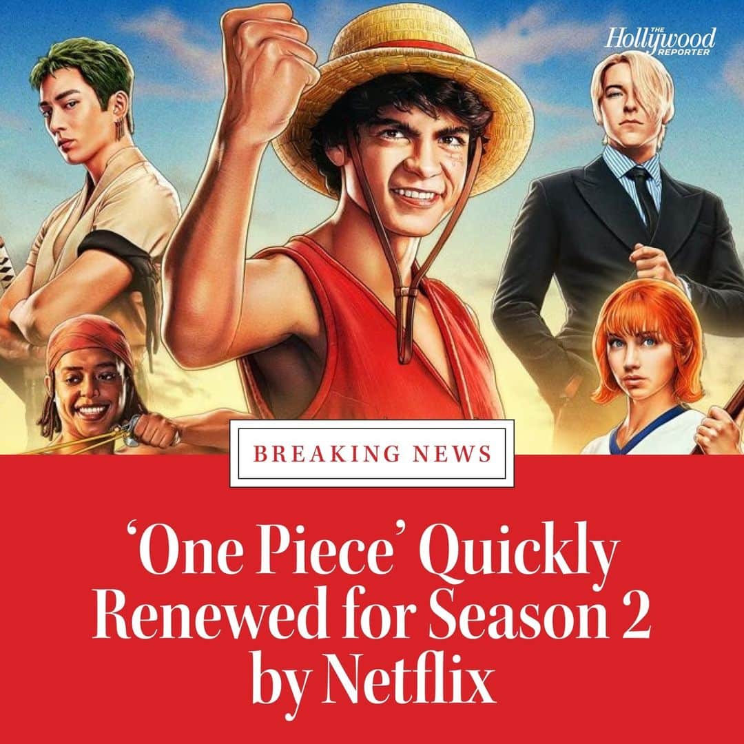 ハリウッド・リポーターのインスタグラム：「#OnePieceNetflix isn’t going to be a one-off. The streamer has renewed the charming adventure series for a second season.⁠ ⁠ Executive producer (and creator of the original manga) Eiichiro Oda said in a video announcing the pickup: "Two weeks after the launch, I just received some great news: Netflix has decided to renew the show!" he says. "The adventures of Iñaki and the live-action Straw Hats will continue onward! It’ll still take a while to get the scripts ready, so please be patient." Link in bio for more.」