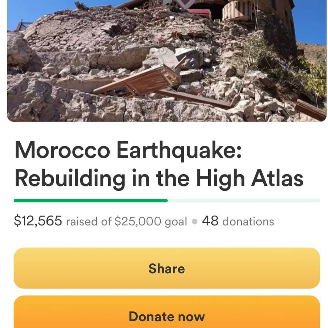 マンディ・パティンキンのインスタグラム：「Our dear and trusted friends Nadira and Jordan are running this fundraiser for a community in need after the recent earthquake in Morroco. Nadira is from the region. Please consider joining us in donating to this campaign. LINK IN BIO. More info below.   “Nadira and I have been shocked and devastated to see the damage caused by last week's earthquake in the High Atlas in Morocco, the worst in 100 years.  We have dear friends who we visit every year in Morocco in the villages of Aguersioual and Imlil. Today, they are suffering as they deal with the fear of their homes collapsing and scrambling to get access to food as their normal distribution to the region have been interrupted because of road blocks. Tomorrow, they will need to start rebuilding as middle and secondary school for the region was destroyed by the quake. We have a dear friend who is the President of the Aguersioual village association. I've known him for almost 20 years and trust him. We are working with him directly to get relief to the nearby villages, starting with food. Then we will work with him to help support the rebuilding of vital infrastructure. If you want to contribute to this effort, we will collect funds and get it to this community in the High Atlas.  We will also report back on progress and updates.”」