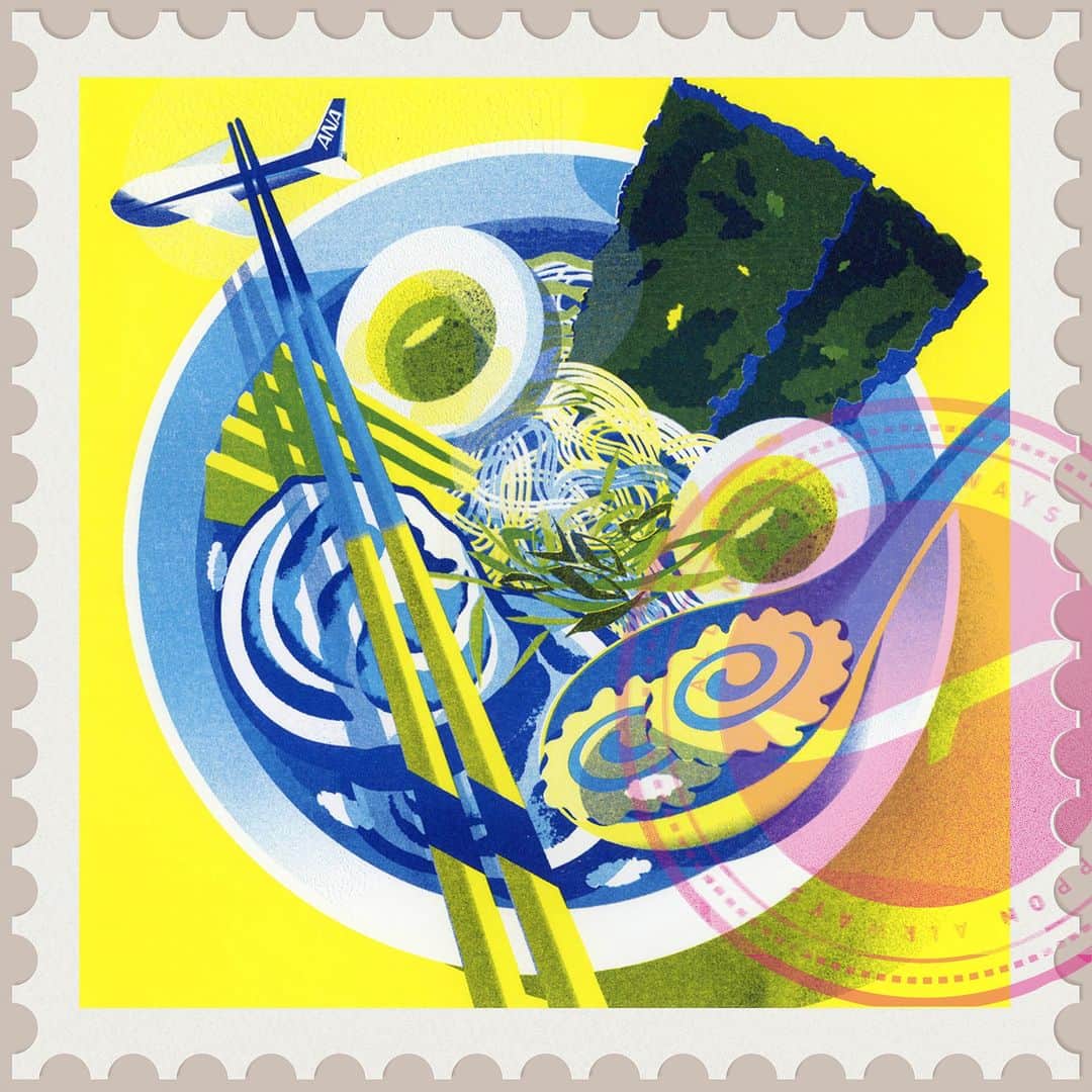 All Nippon Airwaysのインスタグラム：「Which do you eat first: the egg, the seaweed, the meat, or do you head straight for the #noodles? Let us know how you eat your #ramen in the comments! 🍜  Thank you to our brilliant artist @jennliv for the #Risograph Illustration!」