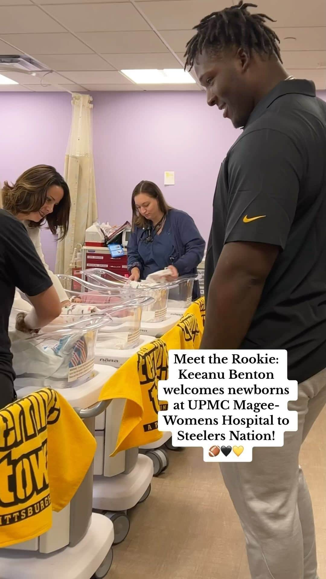 ピッツバーグ・スティーラーズのインスタグラム：「Last week, @Steelers rookie @keeanu95 helped us welcome the newest members of Steelers Nation at UPMC Magee-Womens Hospital. Our rookies are officially ready to cheer the Black and Gold this season! #HereWeGo」