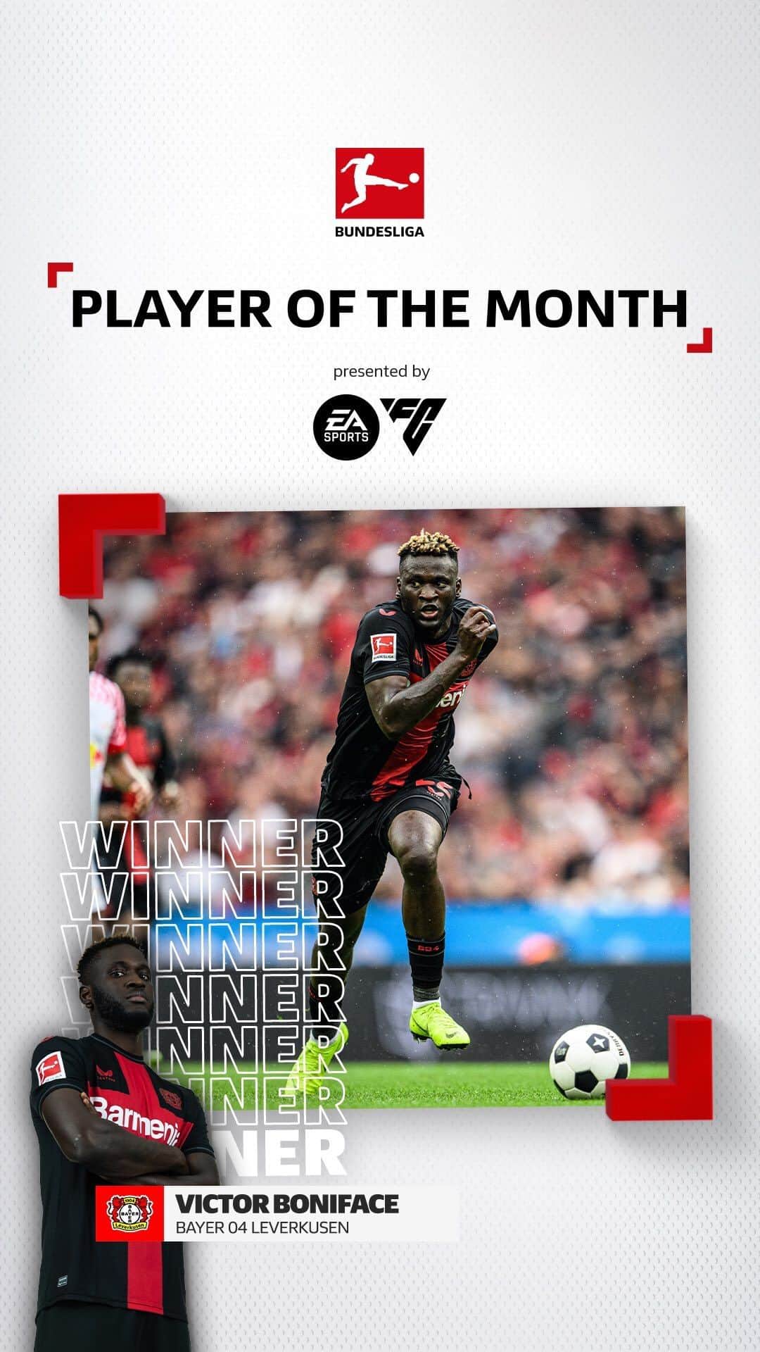 バイエル・レバークーゼンのインスタグラム：「Here’s your VICTOR! ❤️🖤  Congratulations to Victor Boniface for winning the #BundesligaPOTM for August! 🏆🥳  #Bundesliga | @Bayer04Fussball」