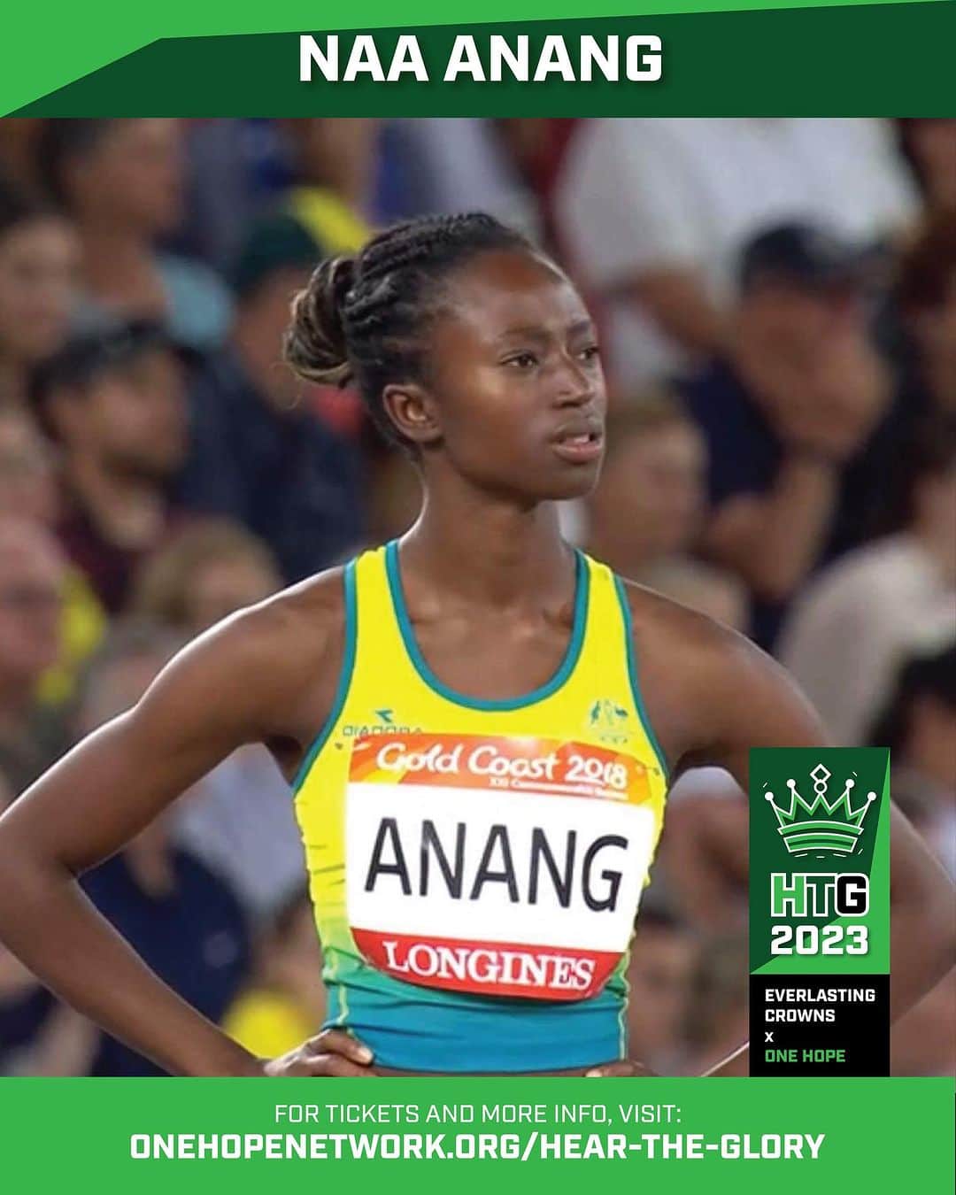Naa Anangのインスタグラム：「HTG SPEAKER 🏅✨ Meet Naa Anang! She’s a long jumper for Australia, and our MC on Monday night!!  Did you get your tickets yet!? onehopenetwork.org/hear-the-glory」