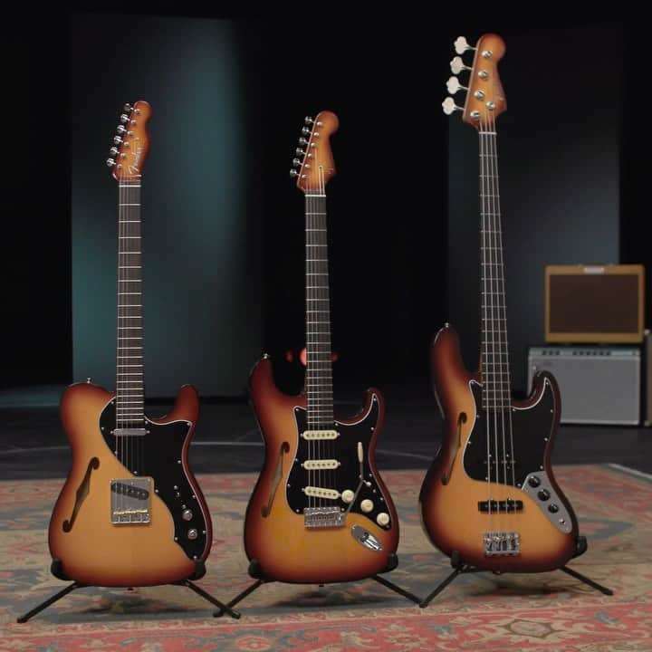 Fender Guitarのインスタグラム：「The Limited Edition Suona Series is a stunning adaptation of traditional Fender design with artistry in every detail. The thinline series features a Telecaster, Stratocaster and Jazz Bass — all crafted with semi-hollow ash bodies and bound Italian alpine spruce tops. Head to the link in bio to learn more.」