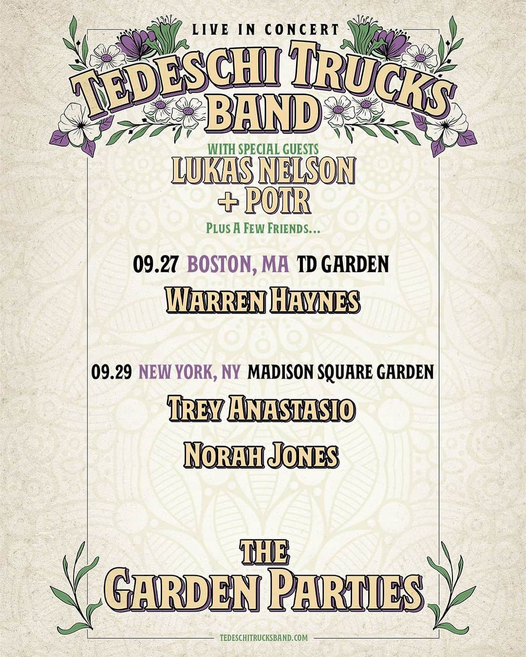 テデスキ・トラックス・バンドのインスタグラム：「Announcing friends joining us for The Garden Parties!  @thewarrenhaynes at Boston’s @tdgarden on 9.27  @treyanastasio and @norahjones at New York City’s @thegarden on 9.29 Tickets available in bio」