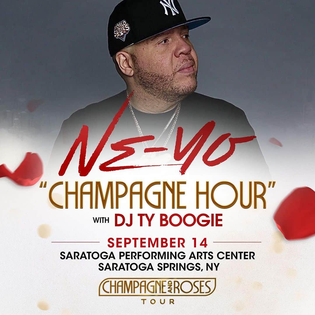 NE-YOのインスタグラム：「SARATOGA, NY!! Y'all don't wanna miss the #CHAMPAGNEHOUR TONIGHT featuring @djtyboogie1 on the ones and twos before the show starts! Doors open at 6 PM!🥂🌹#ChampagneAndRosesTour」