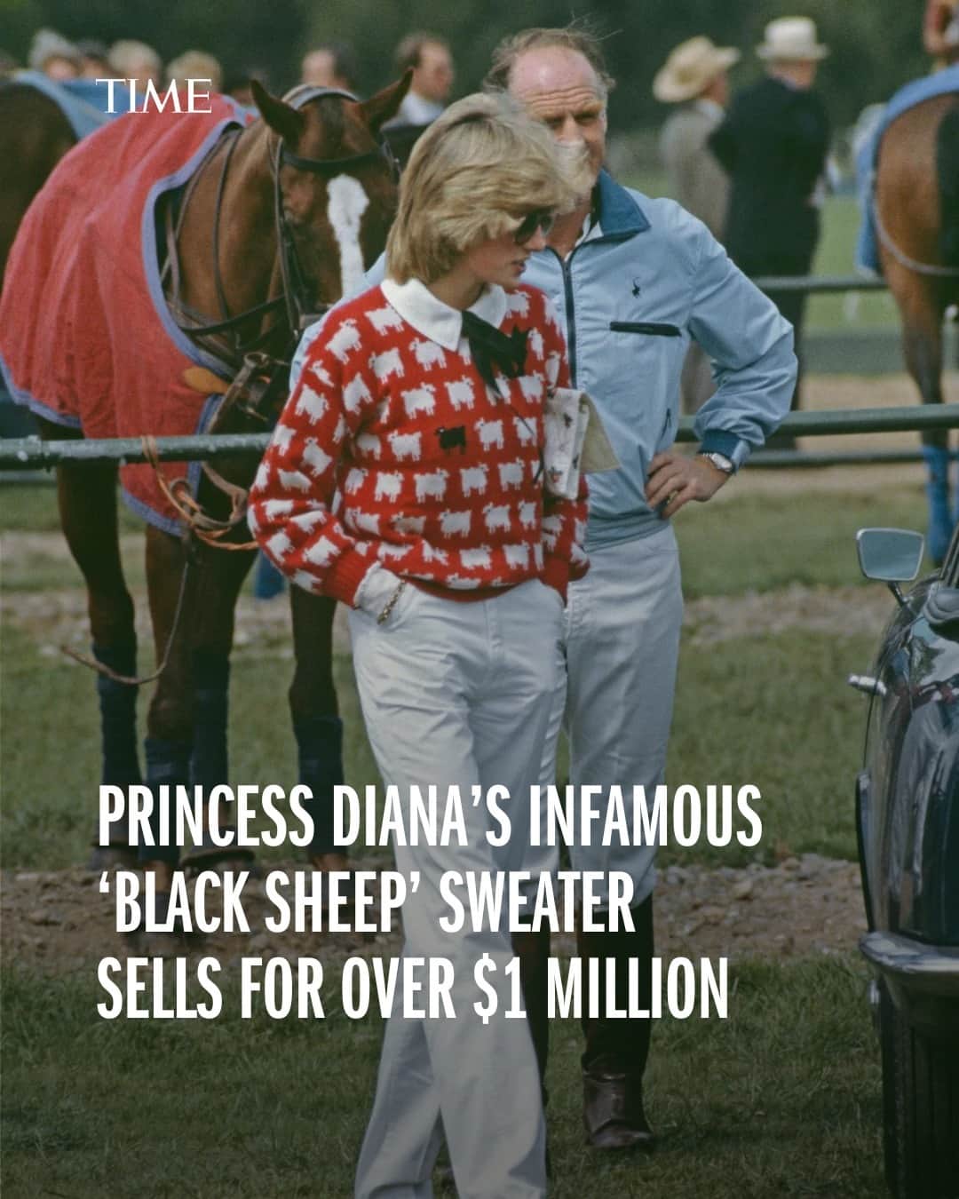 TIME Magazineのインスタグラム：「Princess Diana's infamous black sheep sweater, which was rediscovered last spring in the attic of one of the Warm & Wonderful founders, just sold for a whopping $1.1 million, setting a new record for any article of clothing worn by the late princess.  The sweater originally retailed in the '80s for about $50. The sale broke the record for the most valuable sweater ever sold at auction, which was previously held by Kurt Cobain’s green cardigan from Nirvana’s MTV Unplugged concert, which sold for $334,000 in 2019.  Link in bio.  Photograph by Princess Diana Archive/Getty Images」