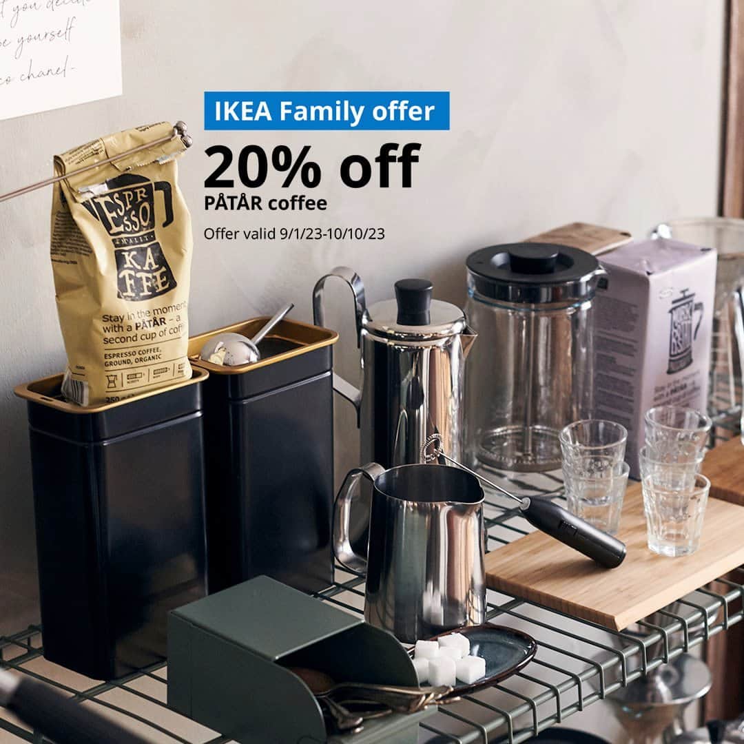 IKEA USAのインスタグラム：「IKEA Family members get 20% off PÅTÅR coffee 9/1/23-10/10/23! Because the best part of waking up is a great deal on delicious coffee. Learn more at link in bio.」