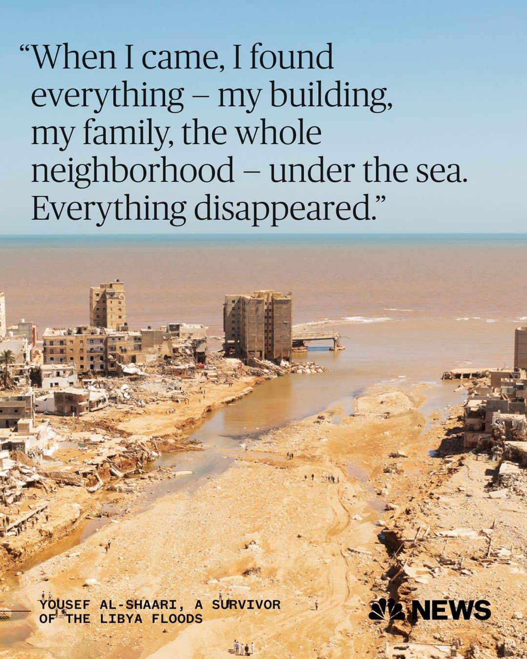 NBC Newsのインスタグラム：「Homes, lives and the heart of a city: The water ripped it all away.  Like so many others, construction worker Mohamad Mahmoud Ismail Al-Shalwi rushed home Monday morning to check on his extended family — but many were missing or dead.  Al-Shalwi said that every minute that passes without knowing what has happened to his 12 missing family members, ages 3 months to 77 years, something inside him dies. “I can’t eat, I can’t sleep at all,” he said.  The storm that hit eastern Libya this week unleashed a wall of water that smashed into Derna when two dams burst, a natural disaster exacerbated by the chaotic and often crumbling state of the North African country after years of civil conflict left it ruled by two rival administrations.  Read more at the link in bio.  📷️ Ayman Al-Sahili / Reuters」