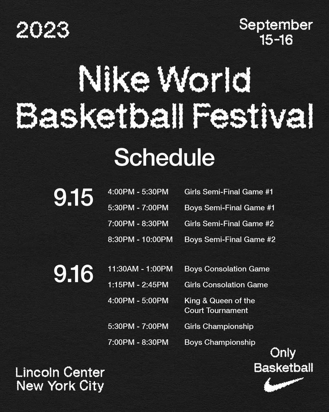 NikeNYCのインスタグラム：「🚨ALMOST THAT TIME 🚨  Pull up tomorrow to the 2023 Nike World Basketball festival to watch the best High School Hoopers from around the 🌎 go head-to-head to take home the 👑.  It’s about to be a 🎥   #OnlyBasketball」