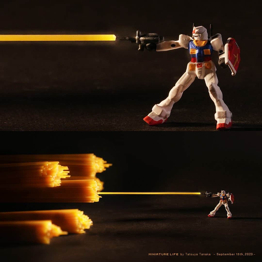 田中達也のインスタグラム：「⠀ “Beam Rifle” ⠀ ⠀ あまりの強さに“めん”食らう ⠀ ⠀ ─────────────────── 《EXHIBITION info》 ⠀ 【ミニチュアの視点で見る日本－田中 達也 展】 Japan from miniatures - Tatsuya Tanaka at Japan House São Paulo until : Oct. 8, 2023 ⠀ 【ミニチュアライフ 神戸エアポート】 MINIATURE LIFE × KOBE AIRPORT ⠀」