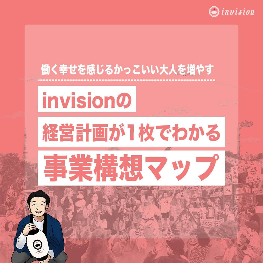 【公式】インビジョン株式会社のインスタグラム：「一枚でわかる事業構想マップ👀 今回はインビジョンの経営企画が一目でわかる事業構想マップをご紹介！ インビジョンでは、経営三要素、心(価値観)・技(経営戦略)・体(人事戦略)を軸として 事業構想マップを作成しました。 変化していく時代において、心と体のオペレーションが重要だと考えています。 優れた技(経営戦略)だけあっても、それを実行していくための心(価値観)と体(人事戦略)が 無ければ意味がありません。 会社全体、チーム全体で心技体の解像度にバラツキが無くなるように、ビジュアル化し 伝わりやすくしたのが、この「事業構想マップ」となります！  ****************************** #invision #インビジョン #中目黒 #おダシ屋 #HR #新卒 #地方創生  おダシ、それは自然と出てしまう魅力。 いいおダシが出てはじめて、顔が見える。 いいおダシが出てはじめて、人が集まる。 あなたの行き場のない熱意こそ、おダシを出す火種。 その火をあおいで、アク取って、いいダシ出すのが私たち。  invisionは、企業や地域のおダシ屋です。」