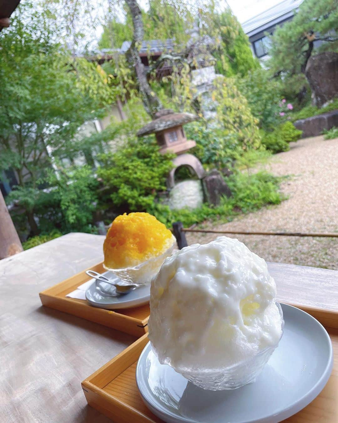 渡辺菜月のインスタグラム：「夏の締めくくりやね～👅  ケーキ屋さんのかき氷で味も他とは違うの 今回は「マンゴーパッション」と「パイナップル杏仁」にしたよ🍍  日本～なお庭を眺めながらいただけるところも好き～ #山口市カフェ #お菓子のジェネレ #かき氷 #夏」