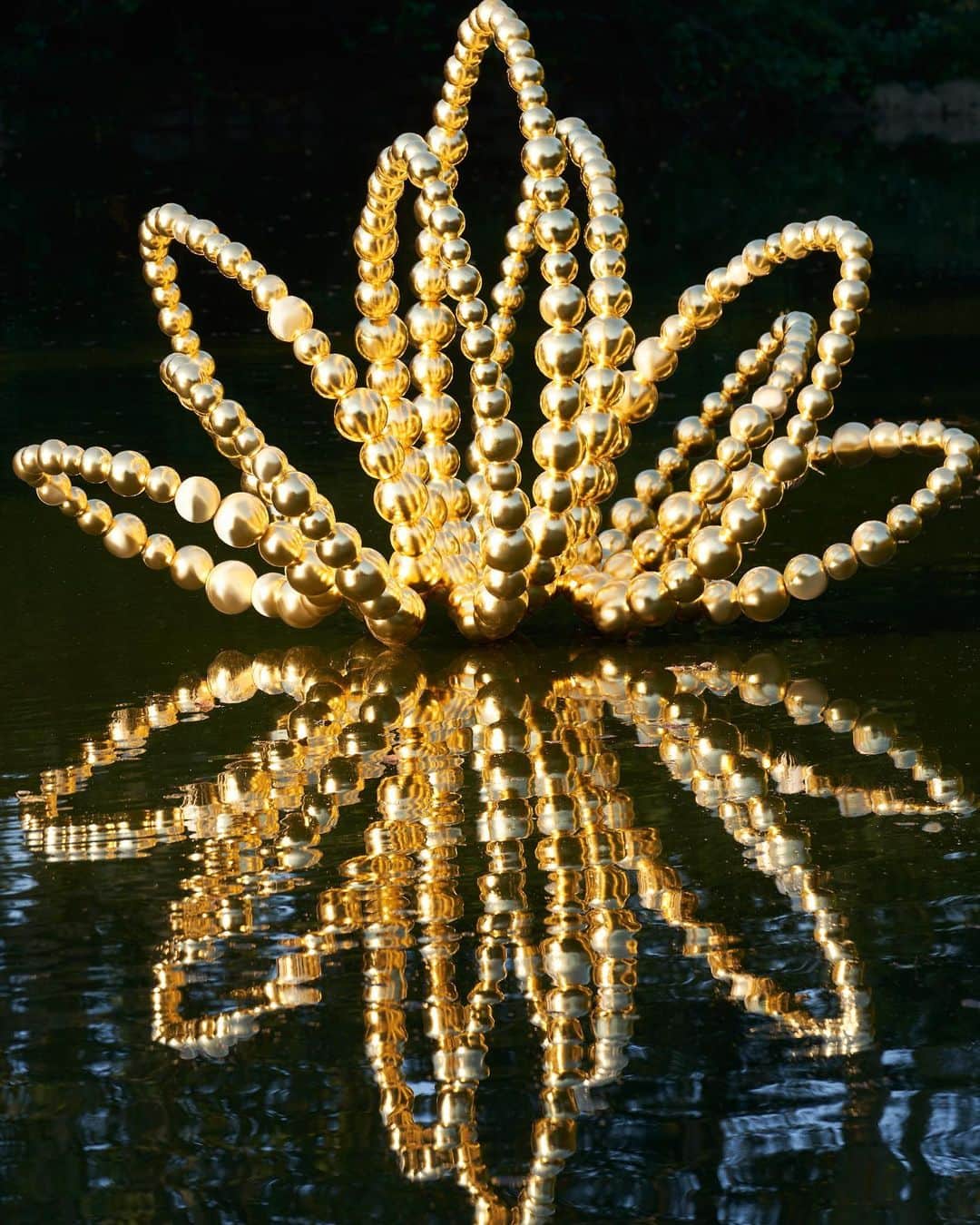 のインスタグラム：「In the intimate fragrance garden at the @BrooklynBotanic Garden in New York, French artist @Othoniel_Studio pays homage to roses with 'Gold Rose.' A symbol of sensuality and infinite love, this mesmerizing sculpture features a radiant corolla of golden pearls atop a sleek black steel stem. This delicate piece is available in a highly limited series of just 100 pieces through the L'Or de J'adore collaboration. Explore the partnership between @FrancisKurkdjian_Private and Jean-Michel Othoniel, which brings forth the House fragrance 'L’Or de J’adore,' inspired by this masterpiece.  © @EmilySoto」