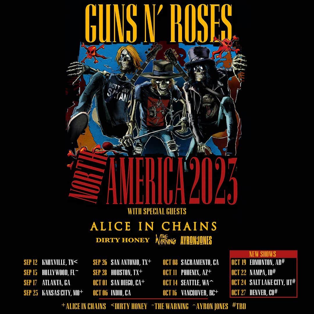 Guns N' Rosesのインスタグラム：「The world tour is making a few more stops! Get ready, Edmonton AB, Nampa ID, Salt Lake City UT & Denver CO. See you soon 🔥  Nightrain pre sale: Sept 18 On sale: Sept 20」