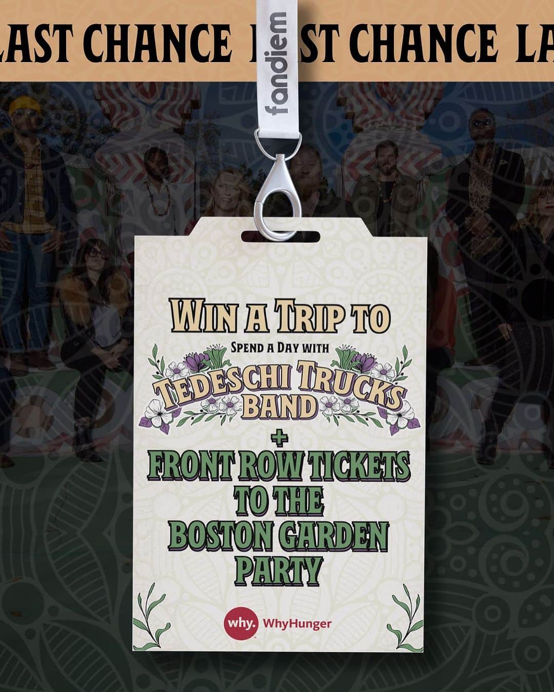 テデスキ・トラックス・バンドのインスタグラム：「LAST CHANCE! Tomorrow is the last day to Donate To Win a trip to spend a day with @derekandsusan plus front row tickets to our Boston Garden Party at TD Garden!   Don't miss your chance to win round trip travel to Boston, 3-night hotel, a signed guitar, a day of service with us plus two “Frolic Through The Garden” Guided Tour Experience tickets with a stage tour, merch and more.   Your donations support @whyhungerpix and help find solutions to hunger that transform and last.  Donate To Win using bonus code TTB100 for 100 BONUS ENTRIES at checkout by 11:59PM PT at: fandiem.com/ttb」