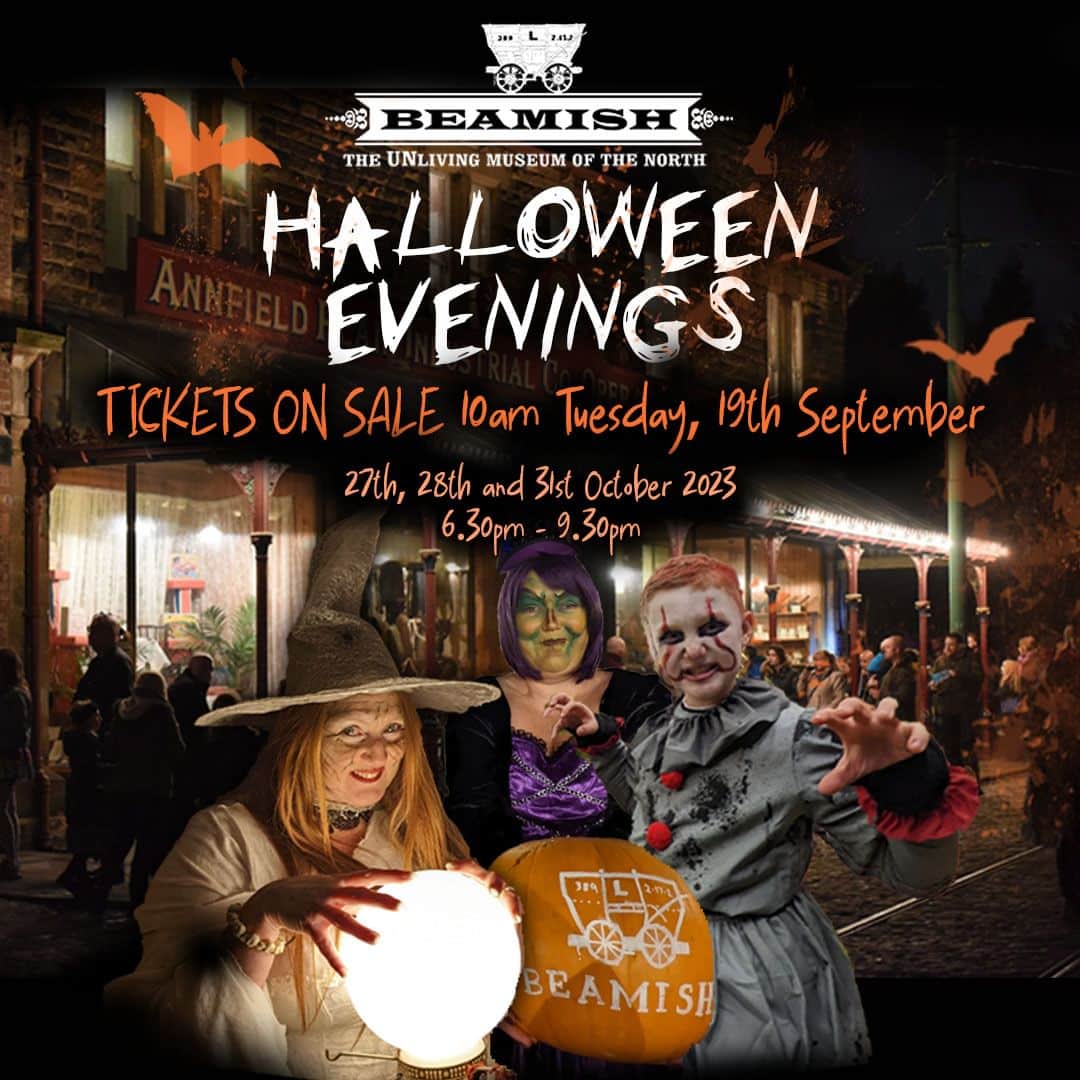 ベーミッシュ美術館のインスタグラム：「🎃 HALLOWEEN EVENINGS TICKET ANNOUNCEMENT 🎃  TICKETS ON SALE AT 10AM ON TUESDAY, 19TH SEPTEMBER 2023 ONLINE  Get ready for a frightfully fantastic evening with Beamish Museum’s Halloween Evenings on 27th, 28th and 31st October 2023, from 6.30pm to 9.30pm.  This is a separate ticketed evening event – Beamish Unlimited Passes and Friends of Beamish memberships are not valid for evening events.  Halloween Evening ticket prices Adult £19 Child (2-16 years) £12.50  Find out more on our website. Link in bio.」