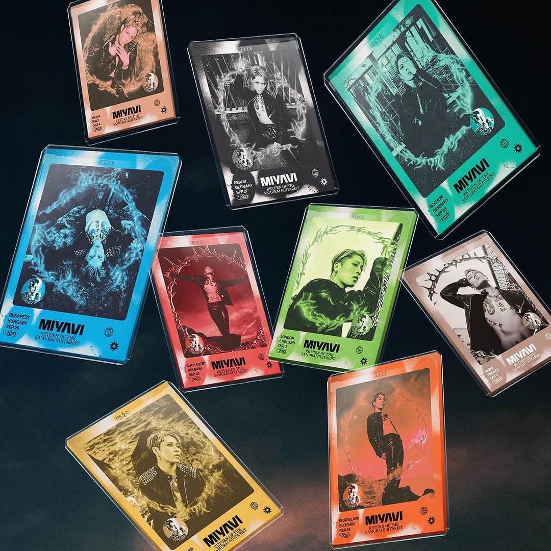 MIYAVI（石原貴雅）のインスタグラム：「Limited Edition trading cards available at each @miyavi_ishihara European tour stop. Collect one, or collect them all! ONLY 50 cards printed per city.   Return of the Samurai Guitarist - 20TH & Beyond Tour Europe   Remaining tickets available at www.MIYAVI.com  09.21 Warsaw, Poland* 09.23 Bucharest, Romania* 09.24 Bratislava, Slovakia 09.26 Budapest, Hungary 09.27 Berlin, Germany 09.28 Bochum, Germany  10.01 Paris, France* 10.02 London, England  10.04 Milan, Italy*   *VIP SOLD OUT   @kinetic_vibe @albumtradingcards」