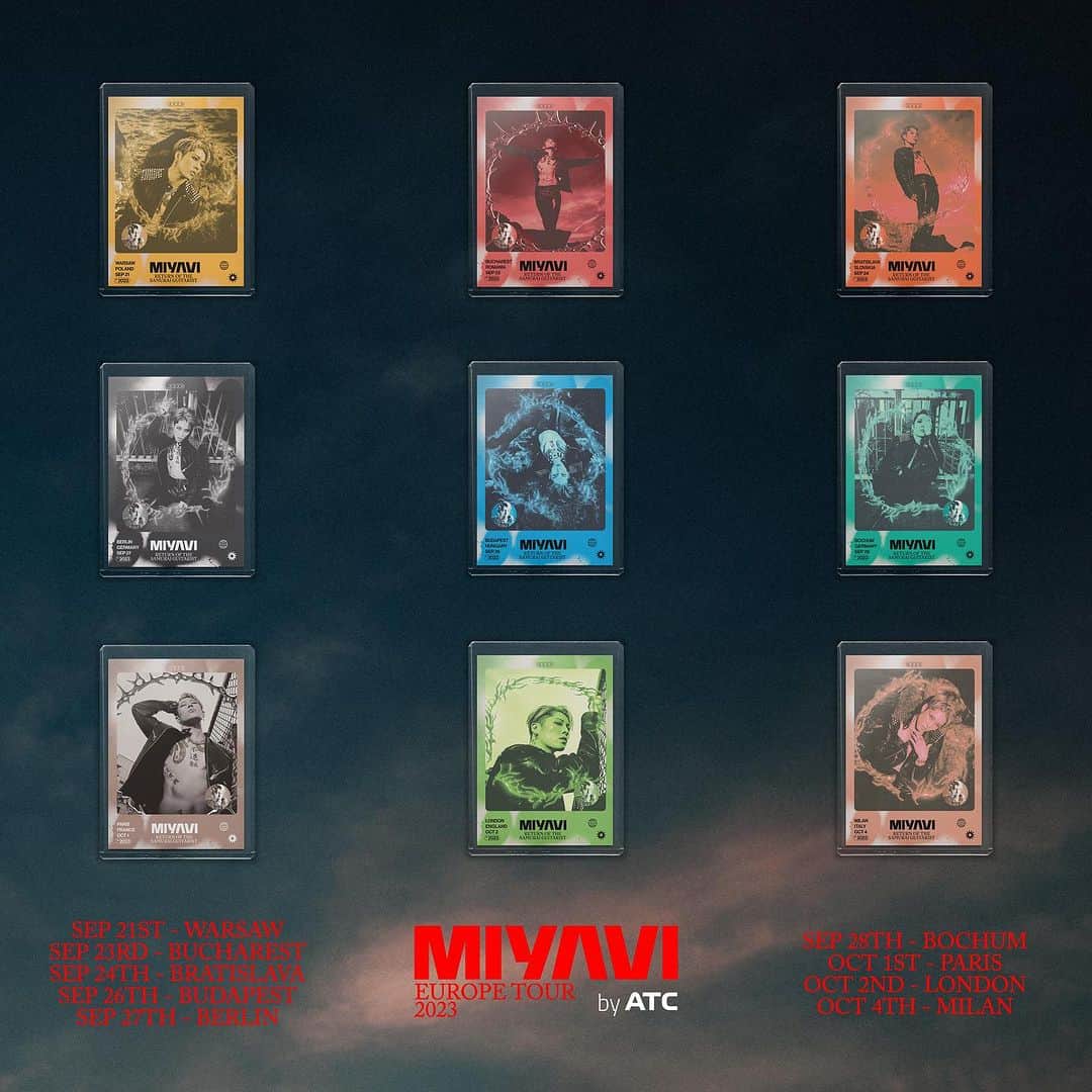 MIYAVI（石原貴雅）さんのインスタグラム写真 - (MIYAVI（石原貴雅）Instagram)「Limited Edition trading cards available at each @miyavi_ishihara European tour stop. Collect one, or collect them all! ONLY 50 cards printed per city.   Return of the Samurai Guitarist - 20TH & Beyond Tour Europe   Remaining tickets available at www.MIYAVI.com  09.21 Warsaw, Poland* 09.23 Bucharest, Romania* 09.24 Bratislava, Slovakia 09.26 Budapest, Hungary 09.27 Berlin, Germany 09.28 Bochum, Germany  10.01 Paris, France* 10.02 London, England  10.04 Milan, Italy*   *VIP SOLD OUT   @kinetic_vibe @albumtradingcards」9月16日 0時26分 - miyavi_staff