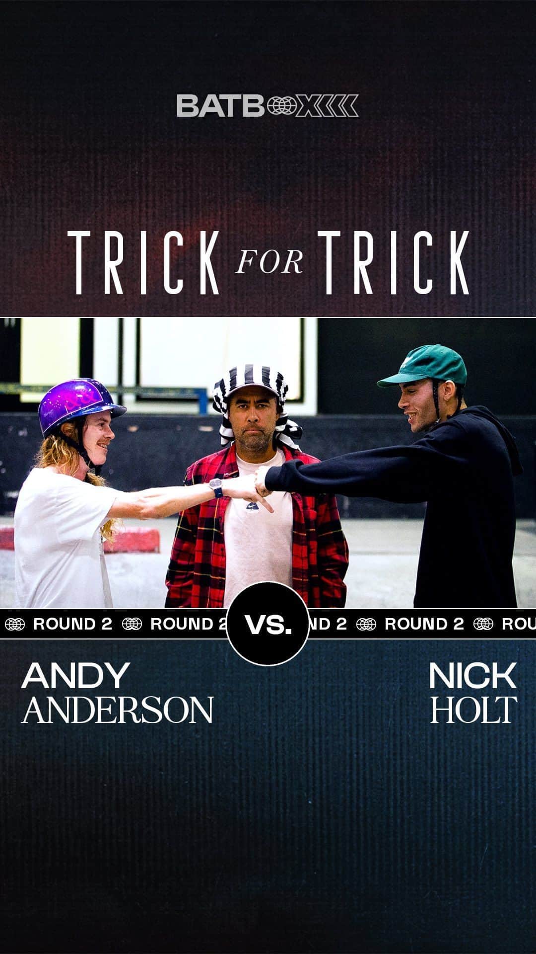 のインスタグラム：「Texas’s @nick_bolts takes on the enigmatic @authenticandyanderson in Round 2 of BATB 13 this Saturday but before the duo duke it out, Nick has a new trick he wants to learn from Andy. To be fair, we could all learn a thing or two from Andy Anderson…  Hit the link in bio to watch “Trick for Trick” with @nick_bolts & @authenticandyanderson now playing on TheBerrics.com #skateboardingisfun #berrics #batb13   *Autographed Nick Holt Round 2 BATB 13: Freedom Finals Night Boards are now available in the @berricscanteen !! @cariumaskateboarding @primitiveskate」