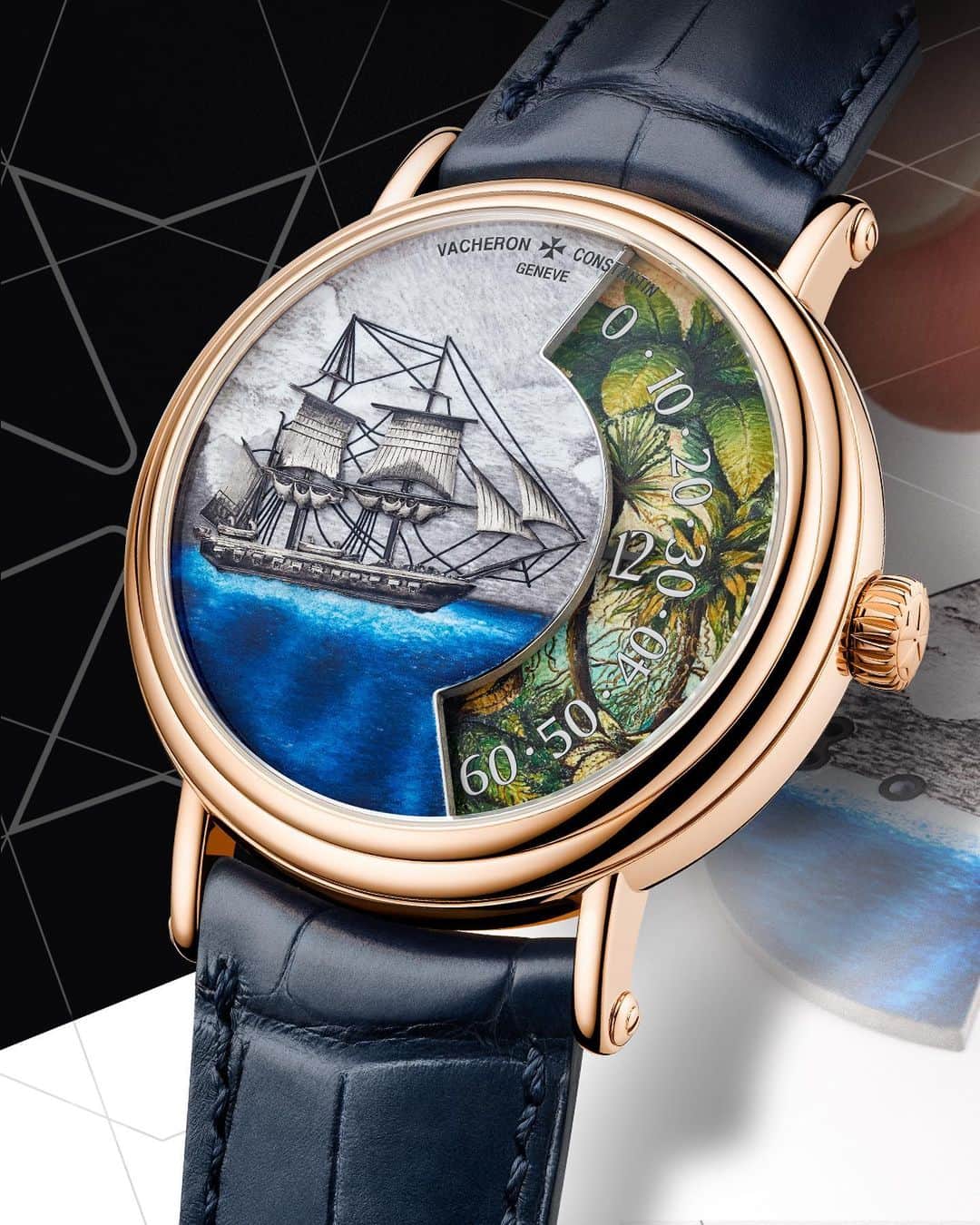 のインスタグラム：「Windows onto the World 🌍  Dive into the new Métiers d'Art Tribute to Explorer Naturalists, capturing the essence of the 19th-century naturalists' journey aboard the Beagle. These four ten-piece editions are a testament to exploration and horological artistry.  🌊 (1) Straits of Magellan: The Beagle sails blue-enamelled waves above a verdant landscape.  🌺 (2) Cape of Good Hope: Alongside the Beagle's journey, a Garden of Eden landscape lays above a depiction of the legendary passage.  🦋 (3) Tierra del Fuego: Enchanting flora and fauna, with a 3D butterfly and engraved birds, over an ancient map in miniature enamel.  🦎(4) Cape Verde: The Beagle faces us against vibrant flora, unveiled in enamel and engraved gold.  Housed in a 41mm case of pink or white gold, these timepieces showcase the mastery of the Maison's engravers and enamellers. At their core, the iconic Calibre 1120 AT/1 beats with a unique wandering hour mechanism.  We can't choose… But tell us the one you prefer 👇  LESS'ENTIAL – Discover our 2023 Shanghai novelties: link in bio.  #VacheronConstantin #OneOfNotMany #watchesandwonders2023 #watchesandwonders #Horology #Timepiece」