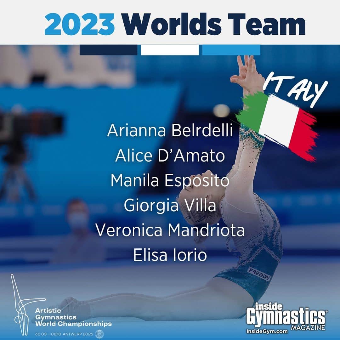 Inside Gymnasticsさんのインスタグラム写真 - (Inside GymnasticsInstagram)「Corrected: Your 2023 Italian Worlds Team! 🇮🇹 ⭐️Arianna Belardelli ⭐️Alice D’Amato ⭐️Manila Esposito ⭐️Giorgia Villa ⭐️Veronica Mandriota ⭐️Elisa Iorio  Alternate TBD!」9月16日 0時43分 - insidegym