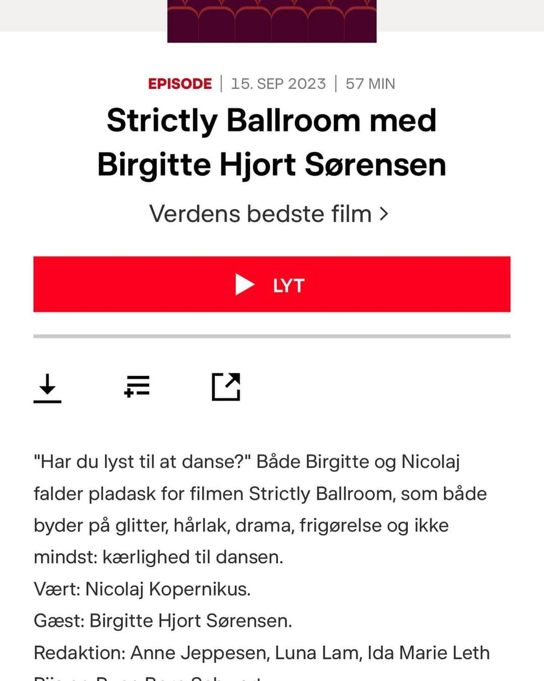 ビアギッテ・ヨート・スレンセンさんのインスタグラム写真 - (ビアギッテ・ヨート・スレンセンInstagram)「Love is in the air, når @nicolajkopernikus og jeg ser og taler om Baz Luhrmanns første del af Red Curtain-trilogien Strictly Ballroom. Budgettet har nok været en del lavere end efterfølgerne Romeo + Juliet og Moulin Rouge, til gengæld er der ikke sparet på hverken hjerte, humor eller heltemod. Jeg elsker dette danseeventyr højt, og det kan man forhåbentligt høre i programmet Verdens  bedste film i @drlyd_dr - god weekend 💃🎧」9月15日 15時57分 - bhjortsorensen