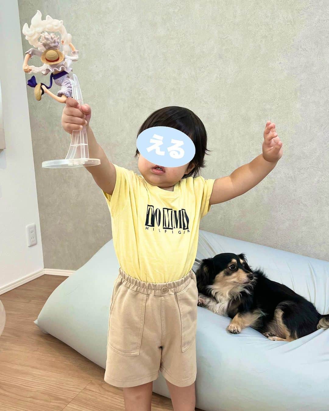 あつろーのインスタグラム：「買い物ついでにえるくんに1回だけ引いてもらったら・・・ まさかのA賞ぶち抜き〜😲✨ ヨーカドーのパートさんがいっぱい褒めてくれて嬉しそうなえるくんでした♪ #ワンピース #onepiece #1番くじ #運がいい #豪運」
