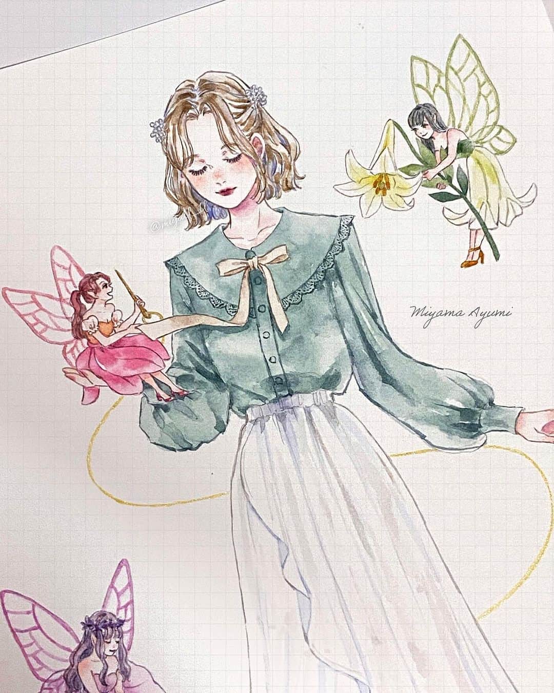 miya(ミヤマアユミ)さんのインスタグラム写真 - (miya(ミヤマアユミ)Instagram)「妖精が仕立てたお洋服🧚 フェリシモ「魔法部」さんとコラボの原画です。  とても小さいのですが妖精もお気に入り🧚‍♀️  メイキングを載せようと思ったらあまり写真が残っていなかったのですが、途中経過も載せています。  @mahoubu_official   #felissimo #花 #flower #flowers #百合 #artwork #watercolor #水彩 #透明水彩 #art #illust #illustration #draw #illustrator #イラスト #イラストレーター #手描き #アナログ #アナログイラスト #ガールズイラスト #miyamaayumi #ファッション #fashion #ファッションイラスト #ファッションコーデ #ブラウス #ブラウスコーデ #ピスタチオ #ピスタチオカラー」9月15日 19時17分 - miya78pic