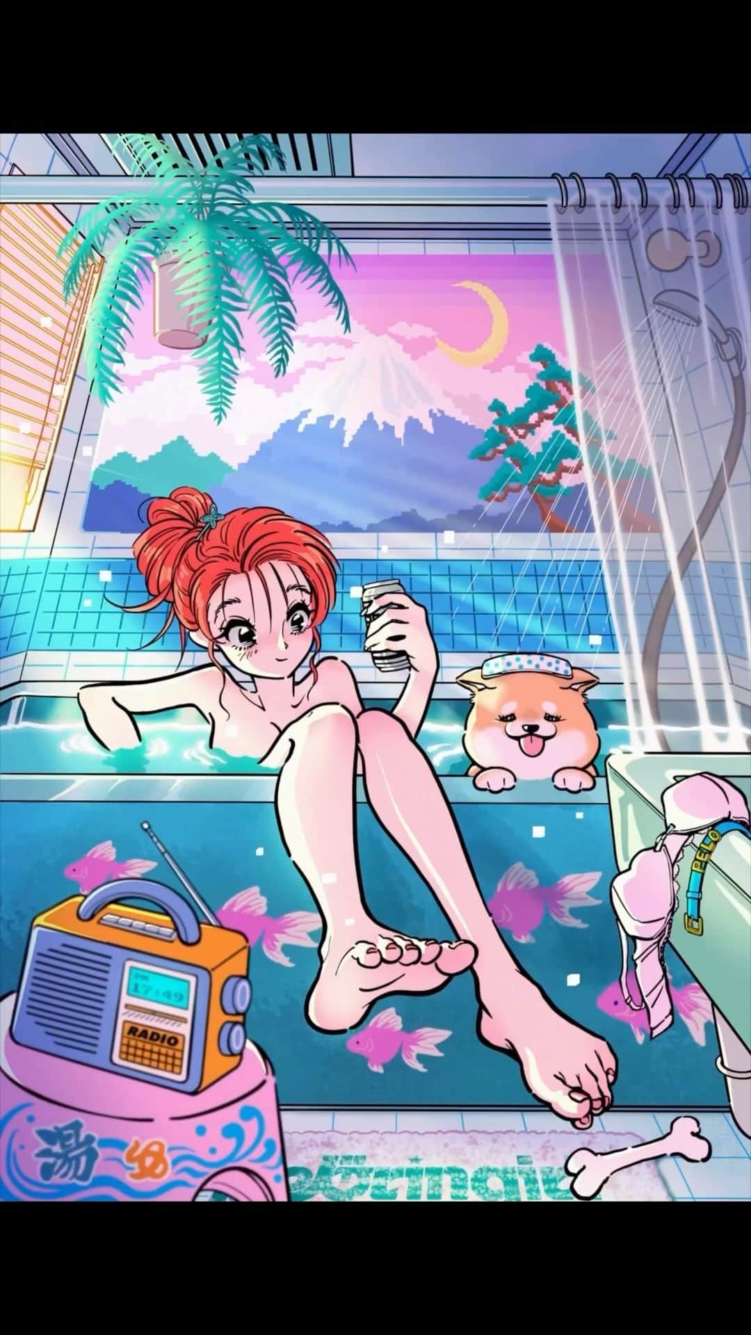 佐藤なつみのインスタグラム：「至福♨️🐕💗  (Bliss)  ・－・－・－・－・－・－・－・－・－・  #エモい #illustration #illustrator #art #90s  #イラスト#オリジナル #citypop #女の子イラスト #ガールズイラスト #温泉 #お風呂 #イラストレーター #犬 #柴犬 #いぬ #エモい #illustration #illustrator #art #90s  #イラスト#オリジナル #citypop #女の子イラスト #ガールズイラスト #温泉 #お風呂 #イラストレーター #犬 #柴犬 #いぬ」