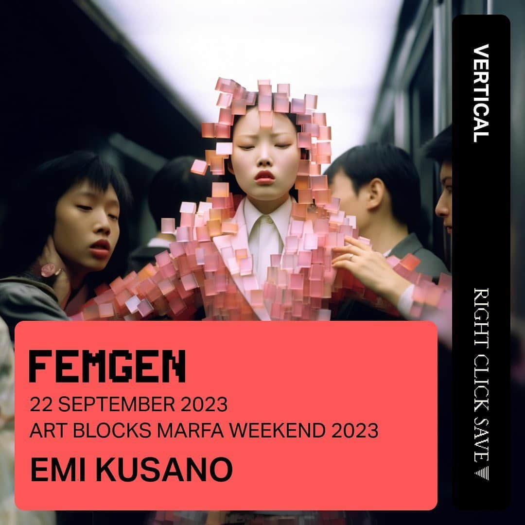 草野絵美さんのインスタグラム写真 - (草野絵美Instagram)「FEMGEN Artist Spotlight 🌶️   Introducing @emiksn, Emi is a multidisciplinary artist based in Tokyo exploring retro- futurism, accelerationism, and Japanese pop culture who began her journey as a street photogrpaher in Harajuku   Emi is a pioneer in AI-generated art, blending reality, fiction, diverse media to push boundaries of traditional photography. Her AI self-portrait was featured on WWD Japan's first AI cover.  —  For FEMGEN, @emiksn releases "Pixelated Perception", a series exploring the complex confluence of digital & tangible, highlighting the diverse transitions in Japan.  FEMGEN will be on view in Marfa on Thu 22 Sep at @glitchmarfa and  works will be available online on Wed 27 Sep   In collaboration with @right_clicksave and @artblocks_io   —   #artblocks #artblocksmarfa #generativeartexhibit #genart #generativeai #postphotography #japanesepopculturereferences #vertical #verticalcrypto」9月15日 21時16分 - emiksn