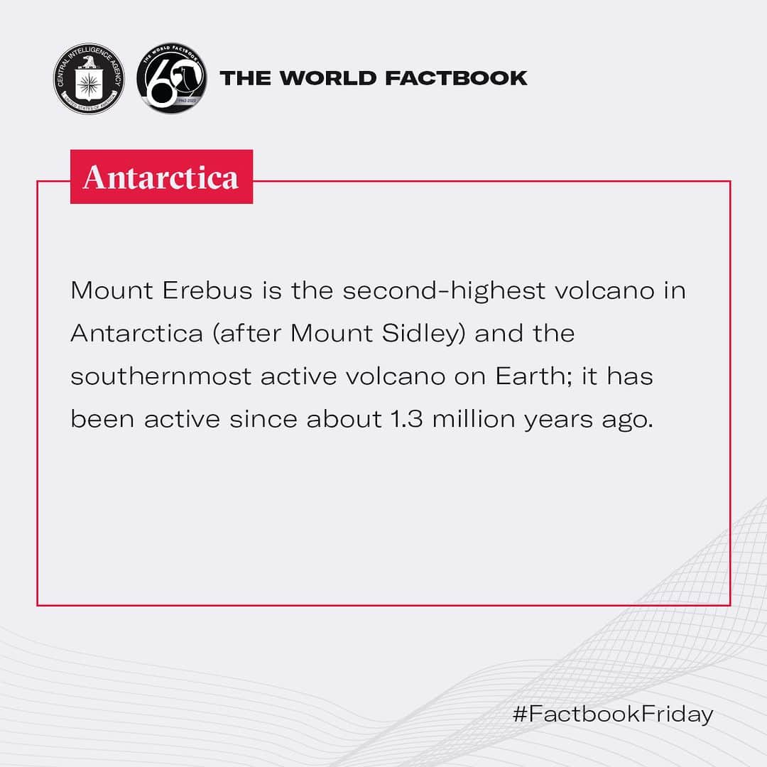 CIAさんのインスタグラム写真 - (CIAInstagram)「When you think of Antarctica, what comes to mind?  You may be surprised to learn that icy Antarctica is home to Mount Erebus, a volcano that has been active for over a million years!  #FactbookFriday #WorldFactbook #Antarctica」9月15日 22時11分 - cia