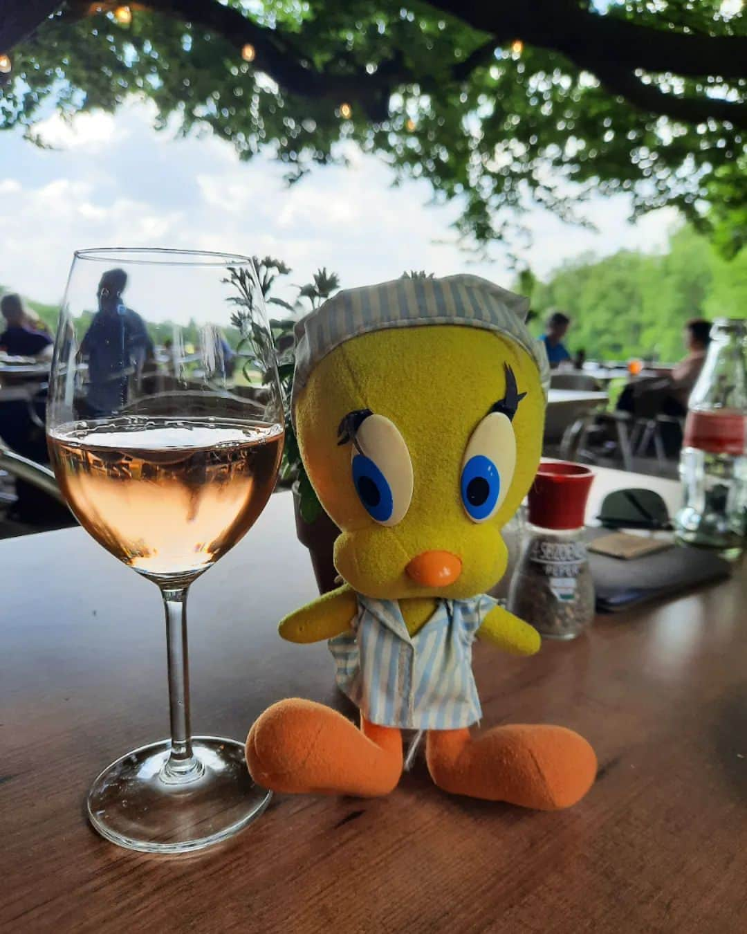 Little Yellow Birdのインスタグラム：「Cheers to Friday! #littleyellowbird #tweety #tweetykweelapis #adventures #yellow #bird #friday #weekend #cheers #proost #rose #happyhour #drinks #september #nazomer #stuffedanimalsofinstagram #plushiesofinstagram」