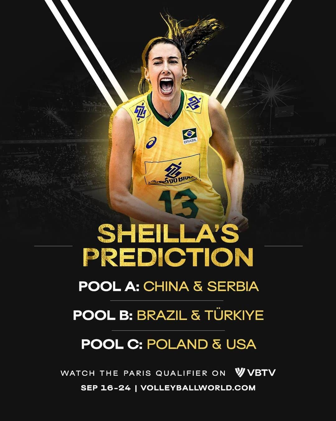 シェイラ・カストロのインスタグラム：「DO YOU AGREE WITH SHEILLA 🤔?  We asked two time Olympic champion @sheillacastro on who will finish in the Top 2 per pool of the @Paris2024 Qualifier.  ⏰ Sep 16-24 schedule - LINK IN BIO.  📺 LIVE ON VBTV.  🏐 #CloserToParis #volleyball #volei」