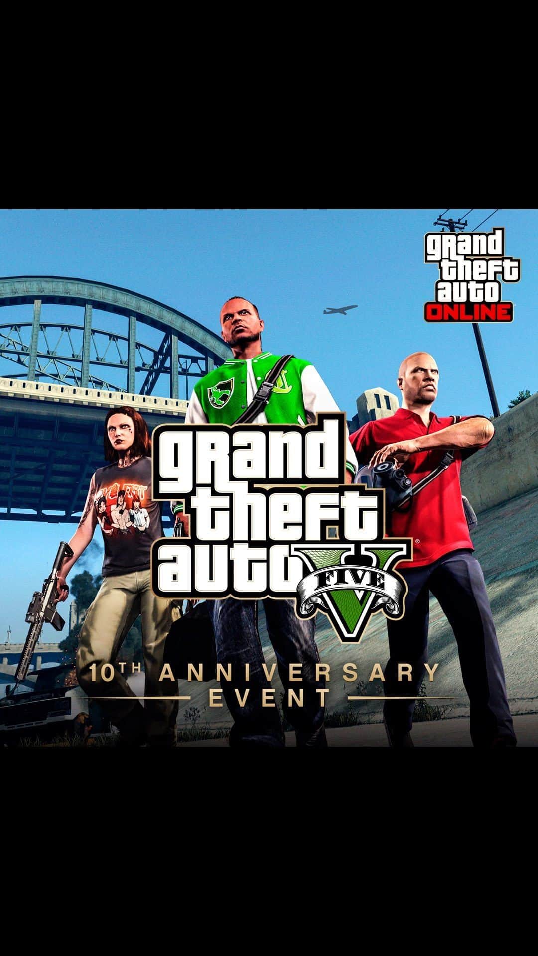 ロックスター・ゲームズのインスタグラム：「Celebrate 10 years of GTAV in GTA Online with a trio of unique new outfits reminiscent of classic looks for Michael, Franklin, and Trevor.  Plus, get GTAV-themed weapon finishes: the Employee of the Month finish for the Micro SMG, Suede Bucks finish for the Carbine Rifle, and Uncle T finish for the RPG Launcher — as well as bonuses on classic modes, gameplay, and more.  Details at the Rockstar Newswire (link in bio).」