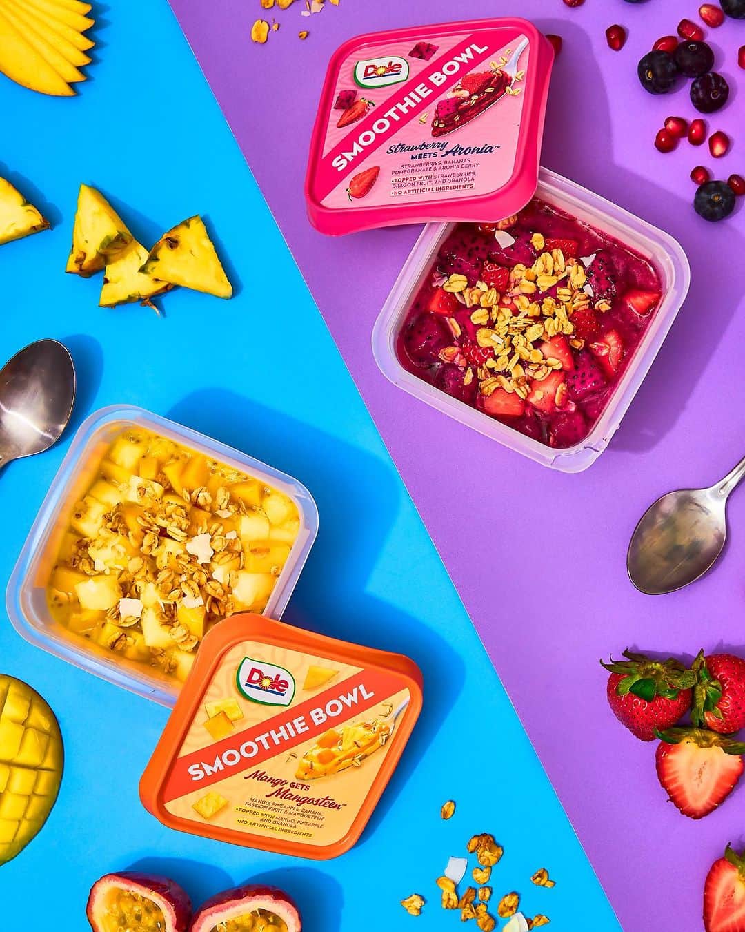 Dole Packaged Foods（ドール）のインスタグラム：「Dive into a tropical paradise with NEW Dole® Smoothie Bowls, a vibrant, & exotic escape for your taste buds! Are you team Mango or team Strawberry? 🍓🥭 #DoleSmoothieBowls #SmoothieBowls #TropicalFlavors #Smoothie #TeamStrawberry #TeamMango」