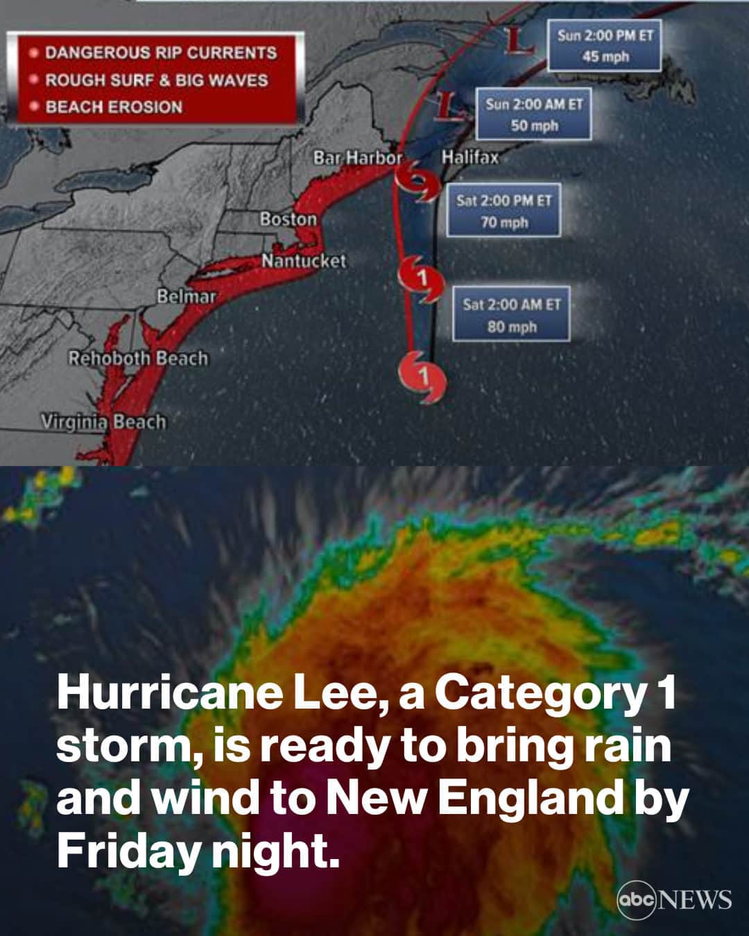 ABC Newsさんのインスタグラム写真 - (ABC NewsInstagram)「Hurricane Lee, a Category 1 storm, is racing up the East Coast. Tropical storm warnings are in effect along the coast from Massachusetts to Maine.  The rain will start to hit southeastern New England Friday evening with winds increasing overnight. The storm will last in the region through Saturday afternoon.」9月16日 10時00分 - abcnews