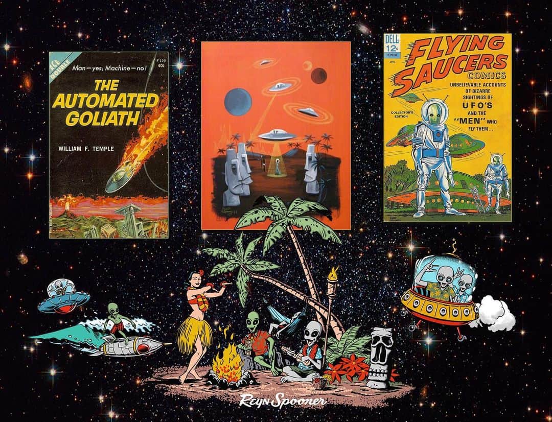 のインスタグラム：「We all know Hawai'i is paradise on earth, so it’s no wonder even visitors from other worlds want to visit. For this print, our artists' had fun imagining what Aliens would do if they came to Hawai'i. Swipe through to see how the concept go from mood board to finished product.」