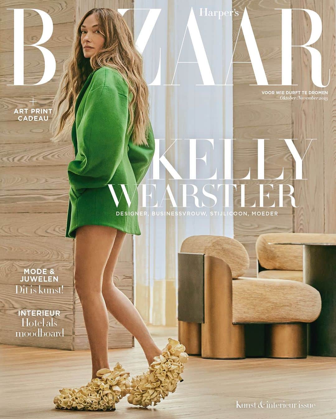 ケリーウェアスラーのインスタグラム：「Meet @kellywearstler. The internationally renowned interior designer is not just an inspiration for interior lovers. She's an inspiration to many. Whether you follow the Los Angeles based interior designer for your love of design, architecture, and interior, want to learn from her because of being a business woman, or simply adore every unique look she wears and shares daily on social media. The true Kelly lover knows that she has a family with two almost grown-up sons and, recently, a third son: baby Crosby.⁠ ⁠ Take a deep dive in our personal interview with the iconic Kelly Wearstler. She will share her business lessons and daily rituals in this issue, and she graces our Harper's Bazaar art & interior cover with her first ever (!) fashion shoot. Ofcourse this pioneer in the world of fashion, interior design, design, beauty, art, and leadership, will also reveal some exciting upcoming projects, amongst a new book -her 6th!- and a collaboration with the Belgium design house Serax.⁠ ⁠ The art of combining interests and exploring, pushing, or blurring boundaries is something we see amongst other leaders in the world of fashion, art, interior and beauty. Like Dries van Noten, who incorporates his love for nature and art into fashion designs and now ventures into the beauty world. Or Maria Grazia Chiuri, Dior's creative director, who consistently collaborates with female artists to design the sets for her shows. Dutch designer May Kaan, whose partner is a talented architect, openly expresses her love for architecture, showcasing clear architectural references in her fashion collections.⁠ ⁠ Curious how Kelly Wearstler does it all? Pre-order to see how we reveal the answer to this burning question. This issue includes a special gift: art print of artist Sharon Jane, curated by Kelly Wearstler. ⁠ Editor in Chief @miluskavantlam⁠ Photography @myrthegiesbers⁠ Creative Direction & Styling @tricjacotterrill⁠ Hair @nicolasfloreshair ⁠ Make-up @mariavargasmakeup  @kellywearstler wears jacket @davidlaport, pumps @loewe⁠ Production @priscillaroemer⁠ Photo assistent @dorianqd⁠ Production assistent @laravanderstok⁠ Thanks to @santamonicaproper」