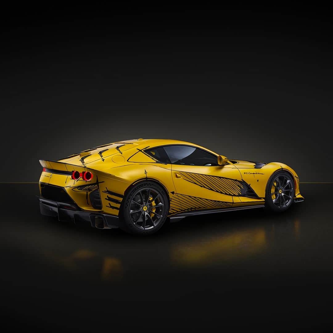 のインスタグラム：「An exclusive view of this one-of-a-kind #Ferrari812Competizione.  On the #FerrariTailorMade model, in matte Giallo Tristrato, the lines and its most iconic details have been traced in matte Nero DS Sketch. The new-generation Alcantara® that covers the cockpit, composed of 65% recycled polyester, is embellished with design sketches that have been embroidered directly onto it using an innovative technique. The model will be auctioned for charity at the Ferrari Gala in New York City this October.  #Ferrari」