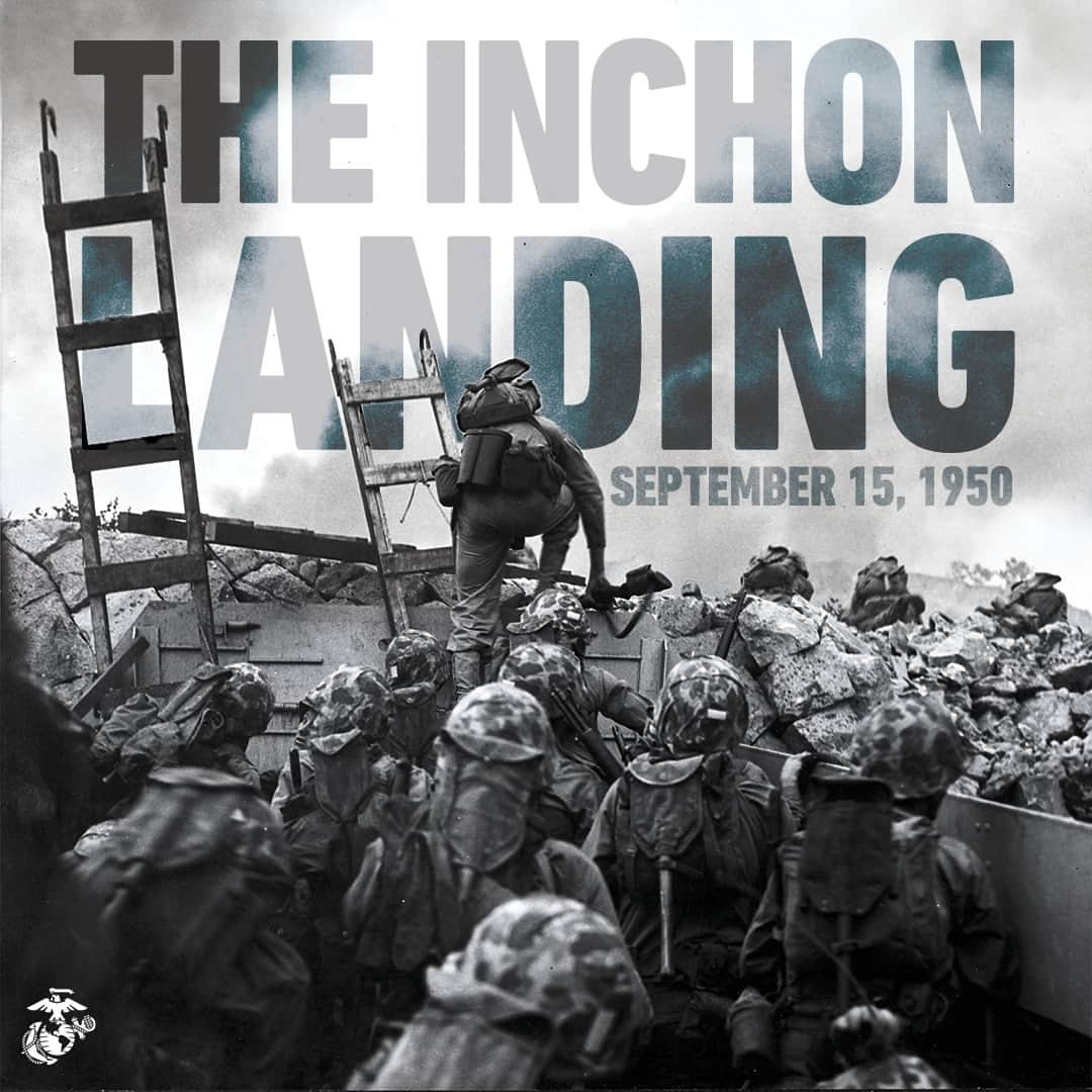アメリカ海兵隊のインスタグラム：「#OTD in 1950, during the Korean War, Marines invaded the west coast beaches of Korea. The success of General MacArthur's plan was reliant on a strong and coordinated sea, air, and land force. The surprise Inchon amphibious invasion demonstrated how naval forces can be a decisive factor in littoral operations.    Carrier-based aircraft squadrons, destroyers, and cruisers battered North Korea's fortifications, coastal artillery batteries, and supply points for two days. On 15 September, 1st Marine Division assaulted three beaches under command of Colonel Lewis “Chesty” Puller and seized Inchon.  The Inchon landings are consistently recognized as one of the most decisive military operations in modern warfare, and a strategic masterpiece.    Marine, Army, and South Korean troops captured Seoul on 28 September 1950, a key link in the North Korea logistical support network. Joint forces suffered 600 killed, 2,750 wounded, and 65 missing during the fight to liberate Seoul. UN forces killed 14,000 North Korean soldiers and captured 7,000.    #Marines #SemperFidelis」