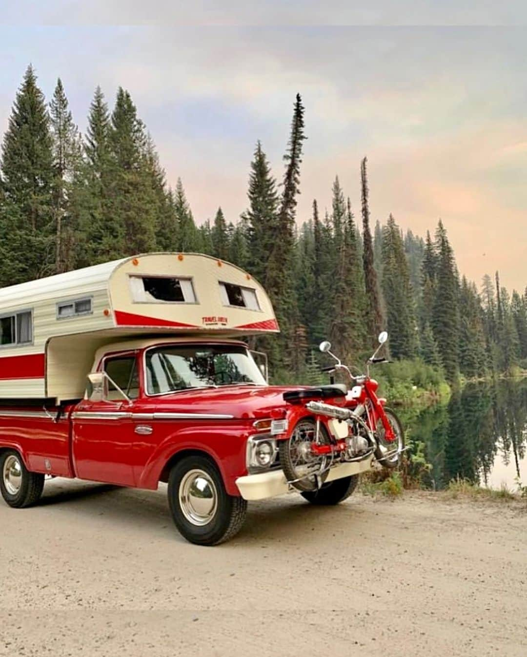 Poler Outdoor Stuffのインスタグラム：「Holy #adventuremobile Friday! Taking you back to simpler times with this 1965 Ford F-250 Camper Special with a 1962 Travel Queen Camper. Has a matchy matchy Honda Trail 90 and late 50’s Redfish boat. Rumor has it someone just scored this gem in Boise Idaho just this week! Thanks @truckrodeo for the heads up!」