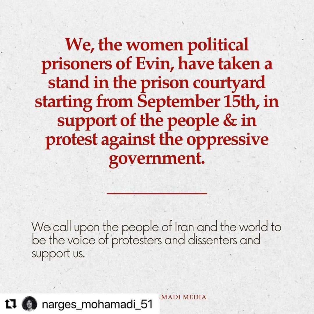 アレック・ボールドウィンのインスタグラム：「… @narges_mohamadi_51  . We, the women political prisoners of Evin, have taken a stand in the prison courtyard starting from September 15th, in support of the people and in protest against the oppressive government.  . Azadeh Abedini, Sepideh Ghalian, Shakila Monfared, Golrokh Iraee, Narges Mohammadi, Mahboubeh Rezaei, Vida Robani. . #MAHSAAMINI #nargesmohammadi」