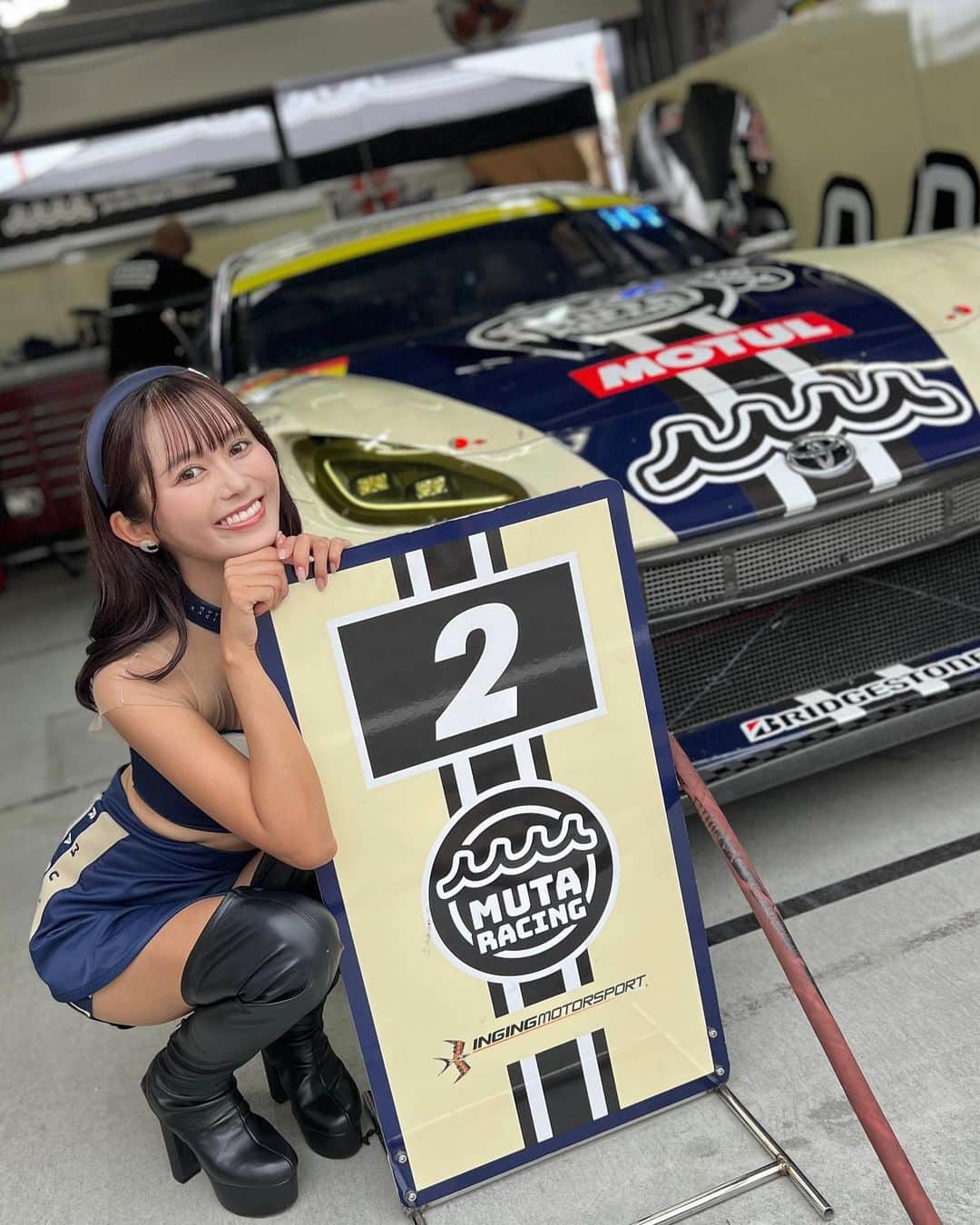 後藤佑紀のインスタグラム：「. SUPERGT Rd.6@スポーツランドSUGO予選🐮  正式な予選結果が出て明日の決勝、 2号車muta Racing INGINGは 17番手からのスタートになります！ とても悔しいですが、速さはあったので 菅生の魔物を味方につけて追い上げを🦖✊🔥 明日も引き続き応援よろしくお願いします！  #muta #mutaracing  #mutaracingfairies #レースクイーン #SUPERGT #gt300 #GR86GT #ingingmotorsports #ブリヂストン #スポーツランドsugo」