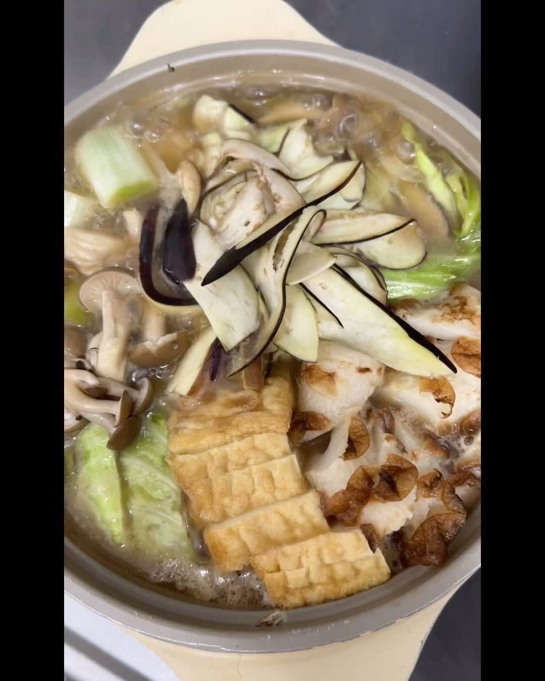 堀田祐美子のインスタグラム：「退院してからナス鍋にハマってます。  具材は豚肉、ナス、キャベツ、シメジ、長ネギ、ちくわ、厚揚げ。  鍋にナス！！って思うかもしれませんが、薄くスライスしたナスはスープが染みてめちゃくちゃ美味しい。  豚しゃぶ肉にコレまた合うのよ〜  スライサーでシャッシャッシャッってね。  やってみて！！  @yumiko_hotta  @t_hearts2020  #堀田祐美子 #yumikohotta  #prowrestling  #プロレス #womansprowrestling  #女子プロレス  #hearts82 #thearts  #鍋 #ナス鍋」