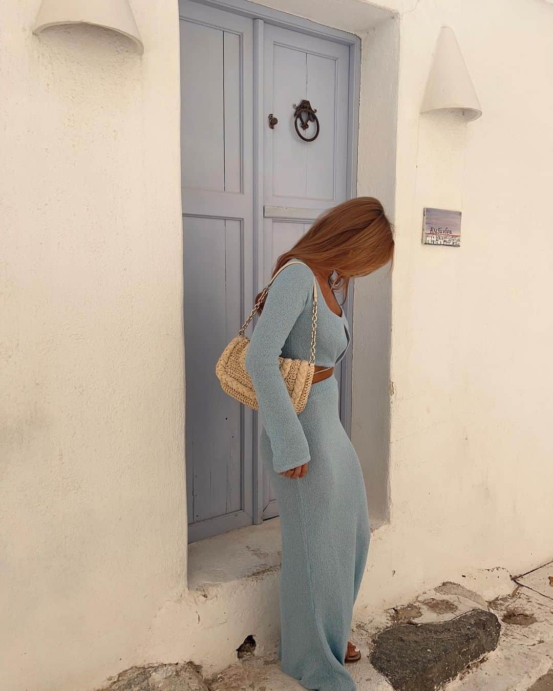 Beginning Boutiqueのインスタグラム：「A Grecian Goddess 🇬🇷 @corryntimm wears our most-loved Laila Blue Long Sleeve Knit Top & Laila Blue Knit Maxi Skirt while holidaying in Europe!」